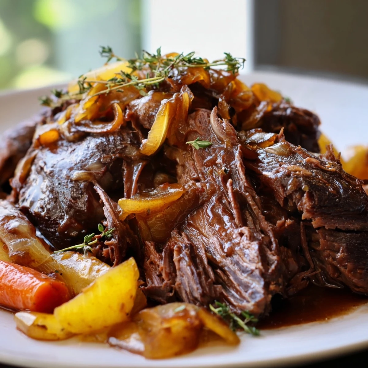 Slow Cooker Pot Roast with Onions tenderly shredding over creamy mashed potatoes with gravy.