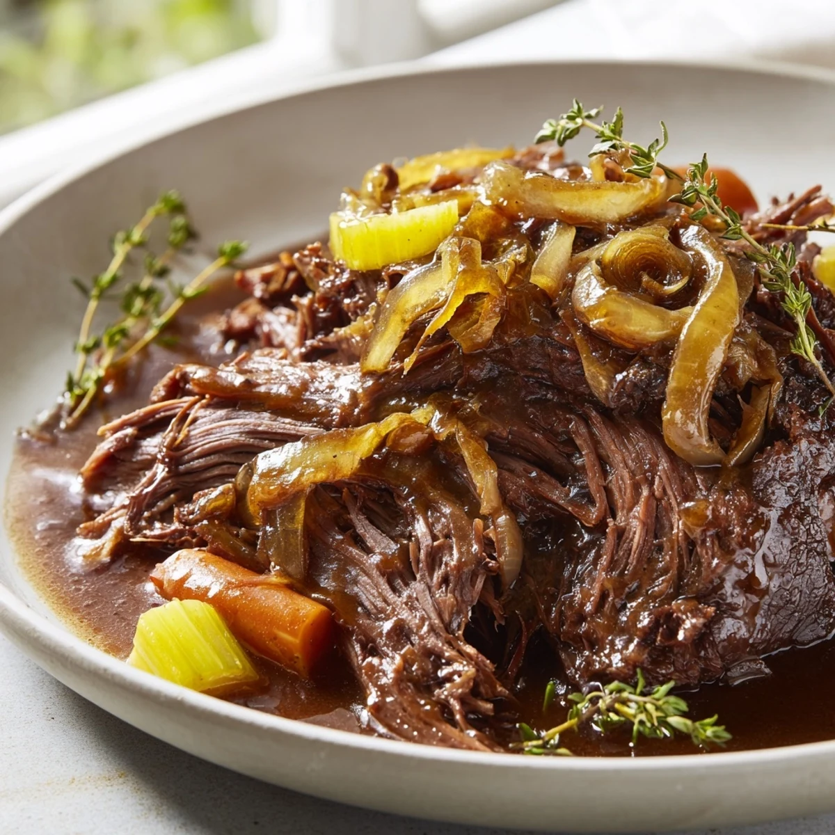 Sliced carrots and celery around Slow Cooker Pot Roast with Onions on a platter.