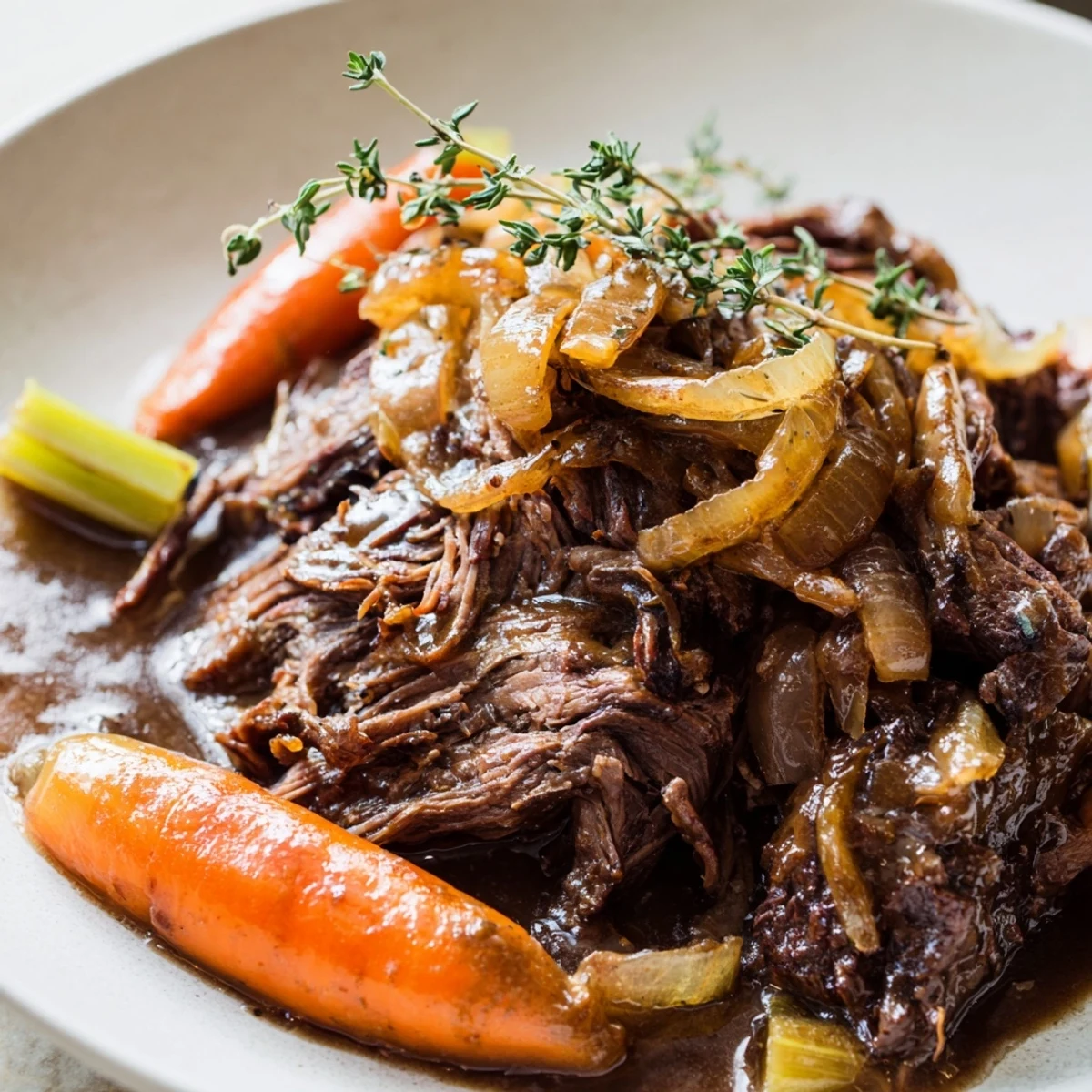 Golden brown beef and caramelized onions in Slow Cooker Pot Roast, served with fresh rosemary.
