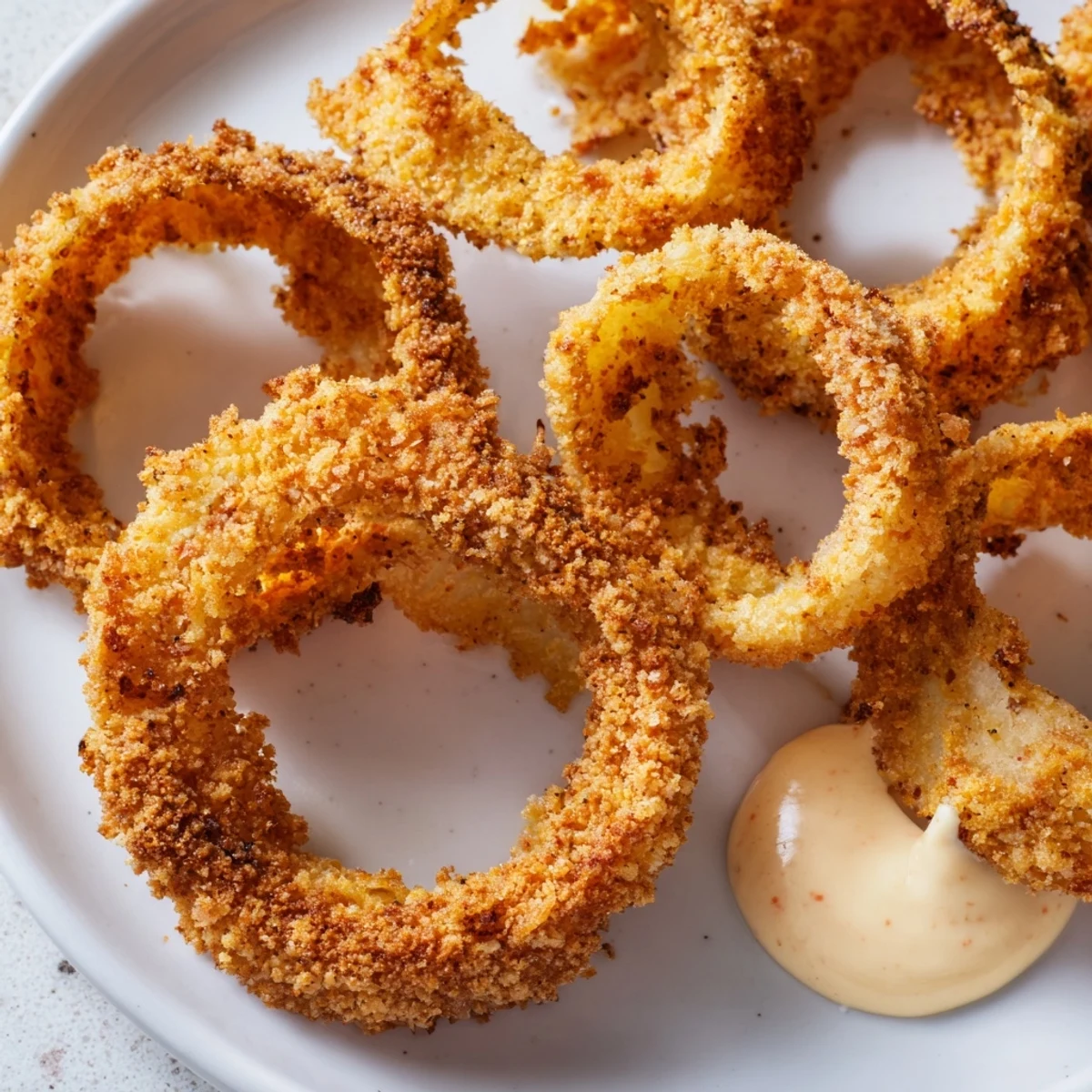 Homemade crispy air fryer onion rings stacked beside a small bowl of seasoned dip, ready for dipping.