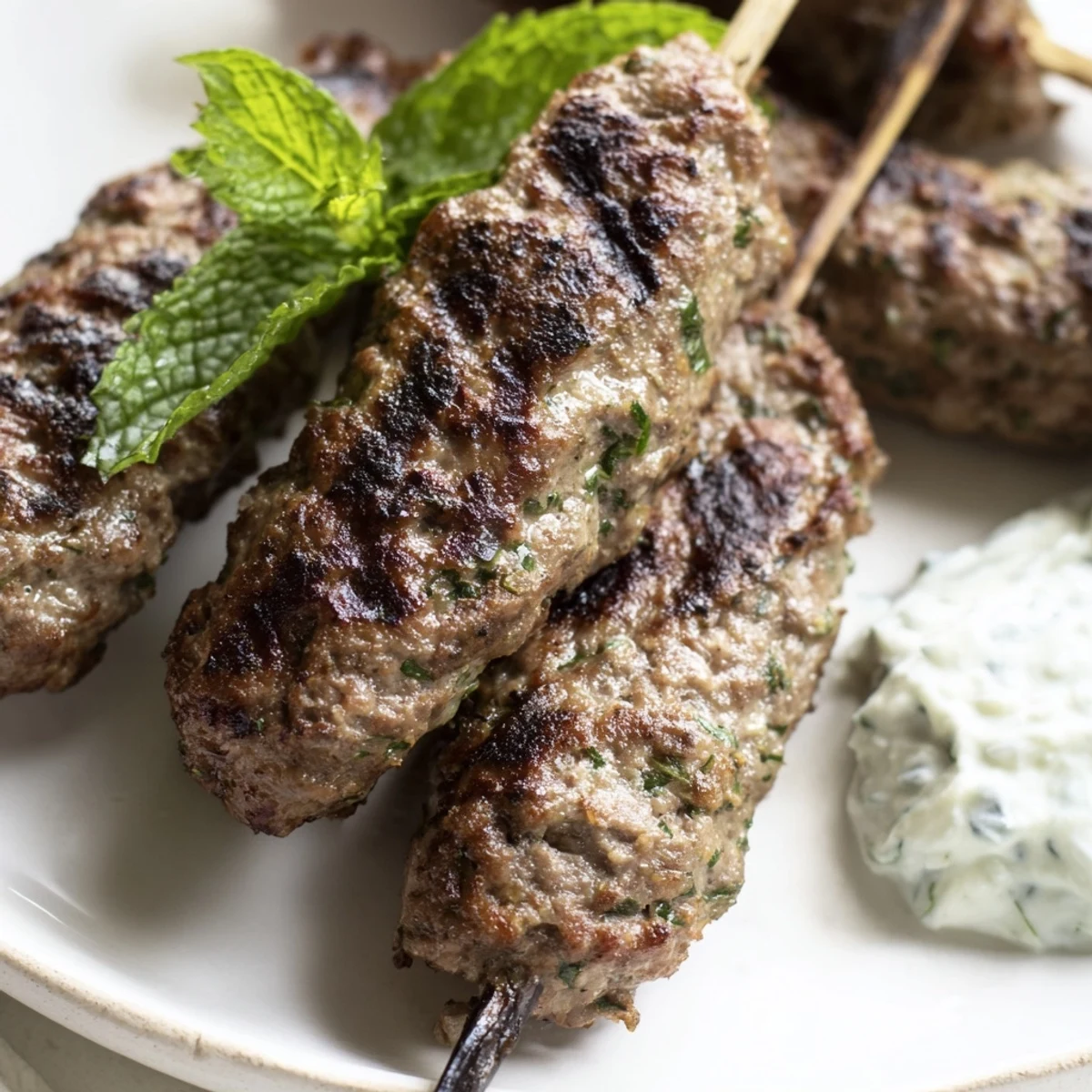 Grilled Beef Kofta Kebabs with Cucumber Yogurt Sauce served on a plate with pita bread and fresh herbs.