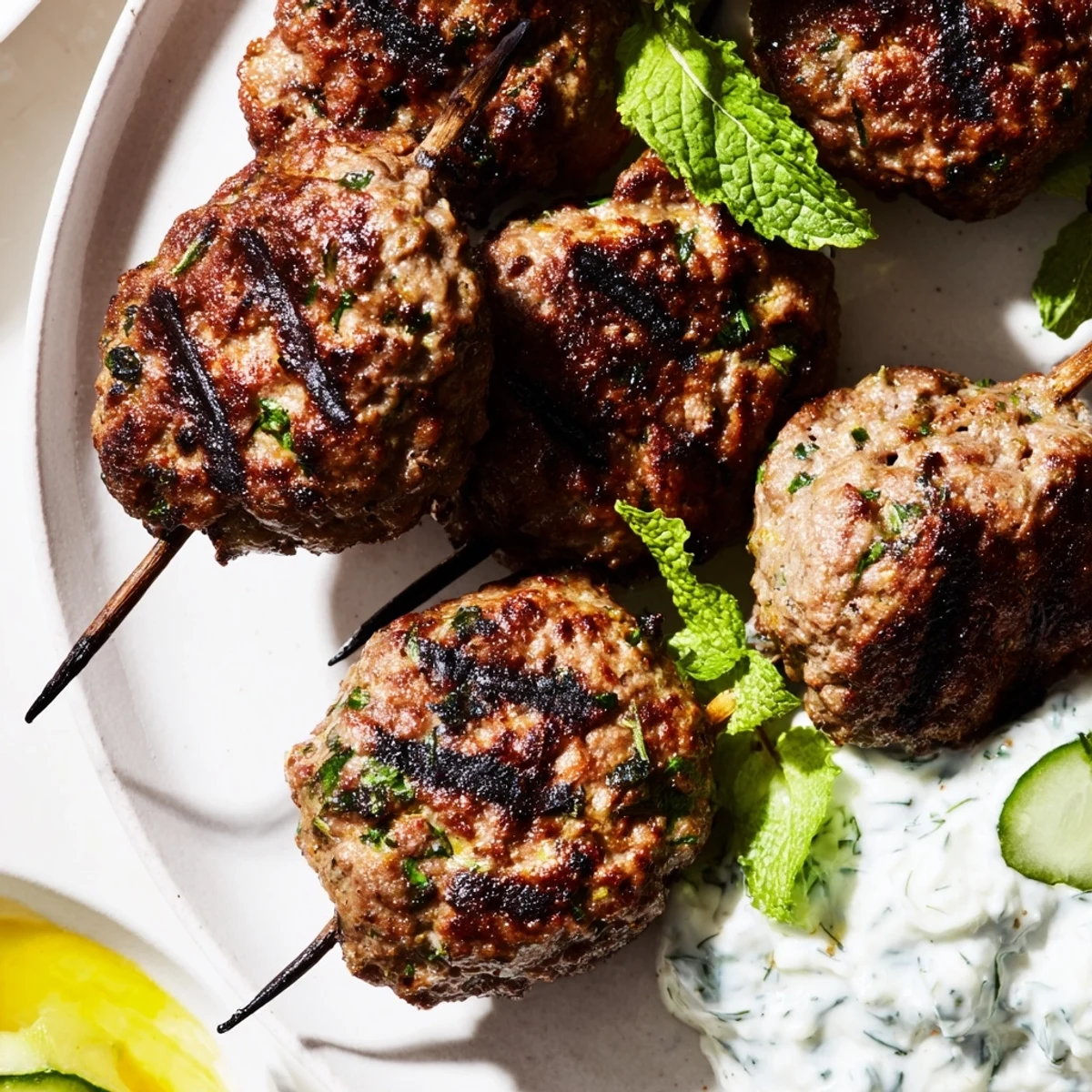 Juicy spiced Beef Kofta Kebabs on skewers, ready to eat with creamy cooling cucumber yogurt sauce.