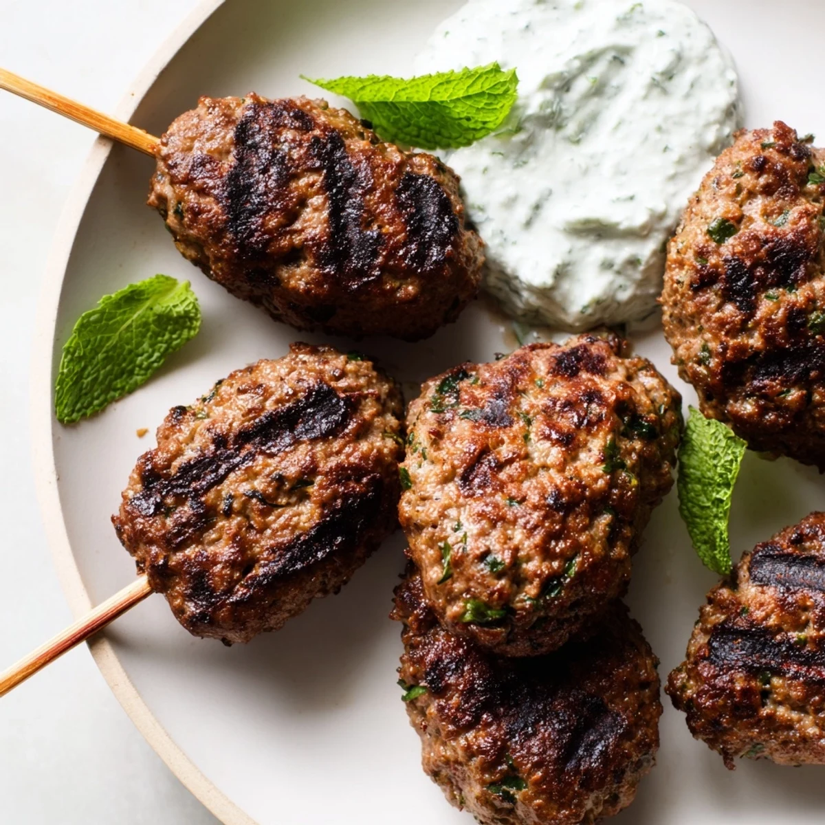 Freshly grilled Beef Kofta Kebabs with cucumber yogurt sauce, perfect for a Mediterranean-inspired summer dinner.