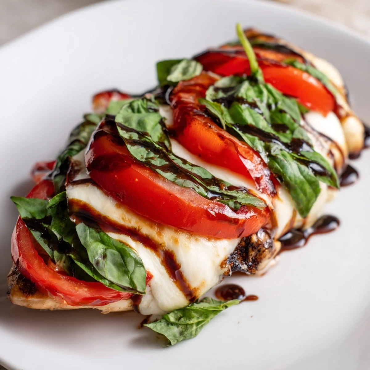 Freshly baked Caprese Stuffed Chicken Breast drizzled with balsamic glaze on a rustic wooden table.