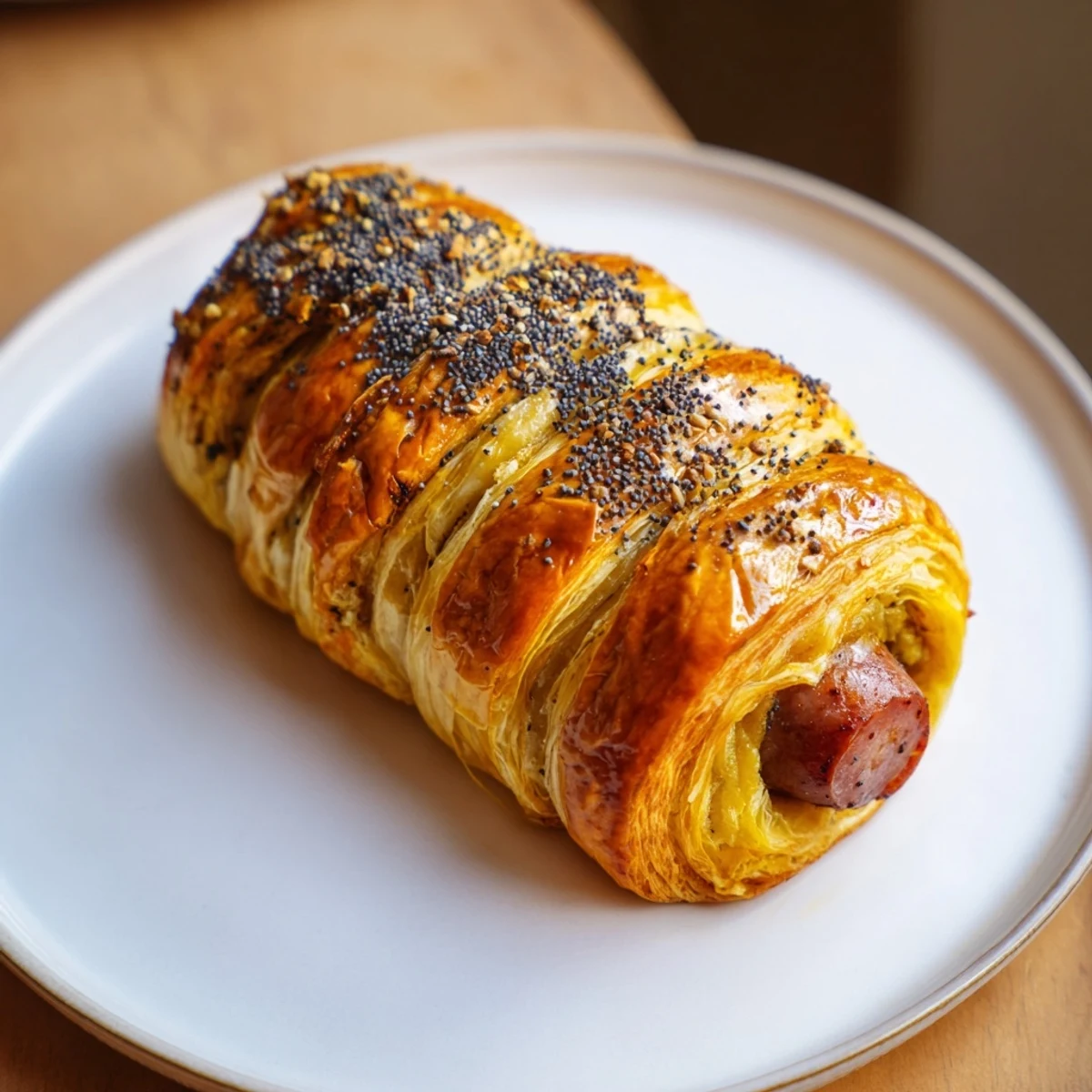 Flaky pastry-wrapped Super Bowl Pigs in a Blanket with Beef Sausage fresh from the oven on a baking sheet.