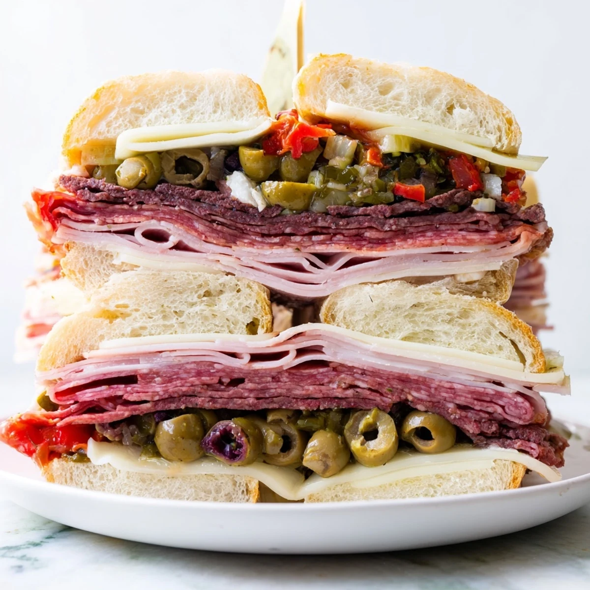 A hearty New Orleans Muffuletta Sandwich stacked on a round Italian loaf with melted provolone and mozzarella.