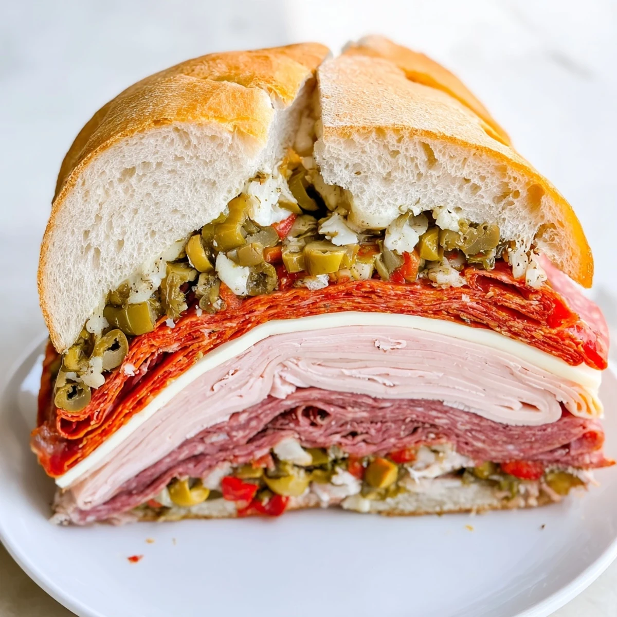 Sliced wedges of a homemade Muffuletta Sandwich reveal layers of halal deli meats and a colorful olive salad.