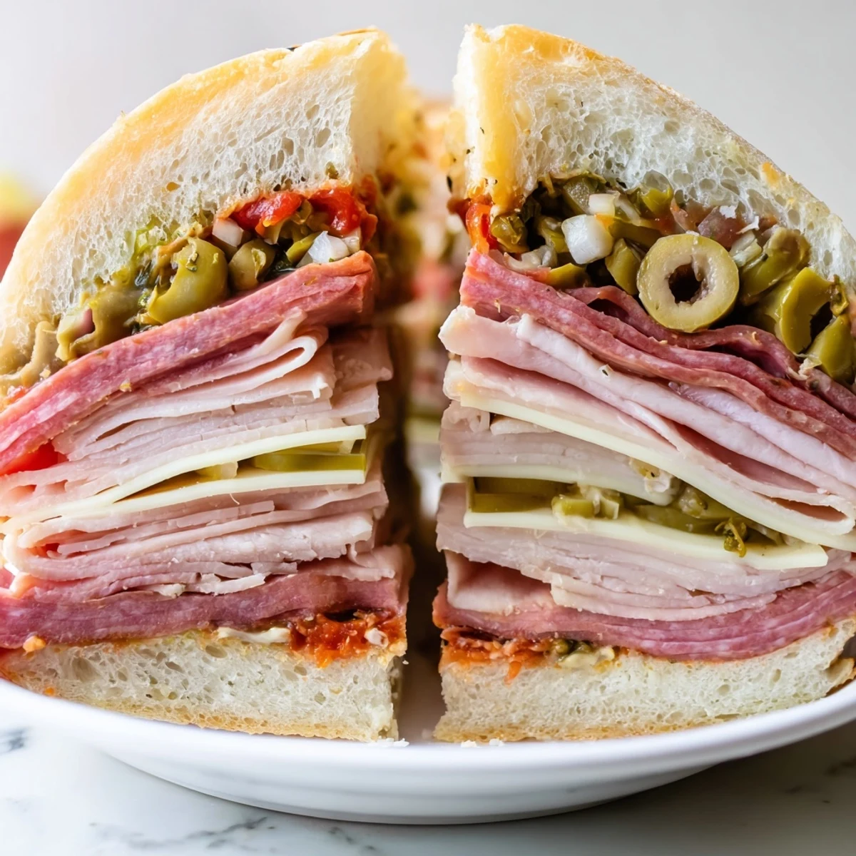 This classic New Orleans Muffuletta Sandwich is ready to serve on a wooden board, perfect for lunch or a picnic.