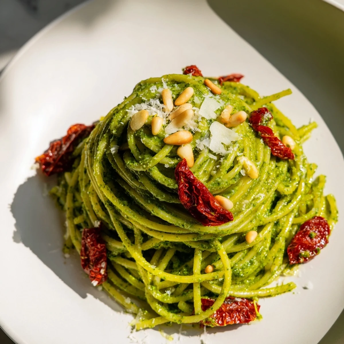 A close-up of Green Pesto Pasta with Sun-Dried Tomatoes, showcasing vibrant green basil sauce coating pasta strands and chewy, dark red tomato pieces.