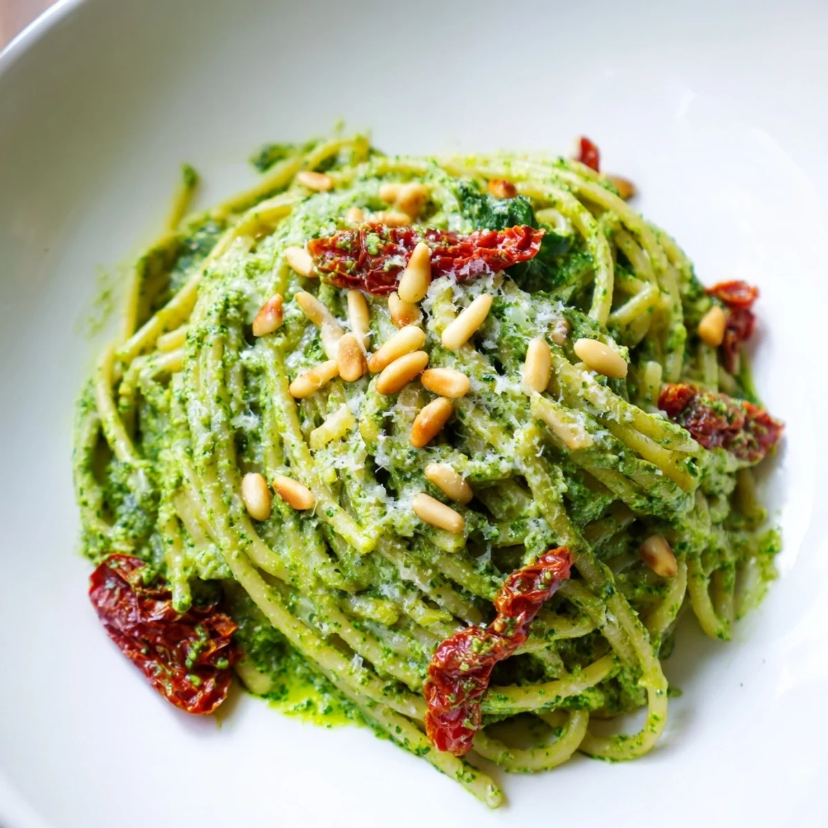 Green Pesto Pasta with Sun-Dried Tomatoes served in a white ceramic bowl, garnished with fresh basil leaves and toasted pine nuts on top.
