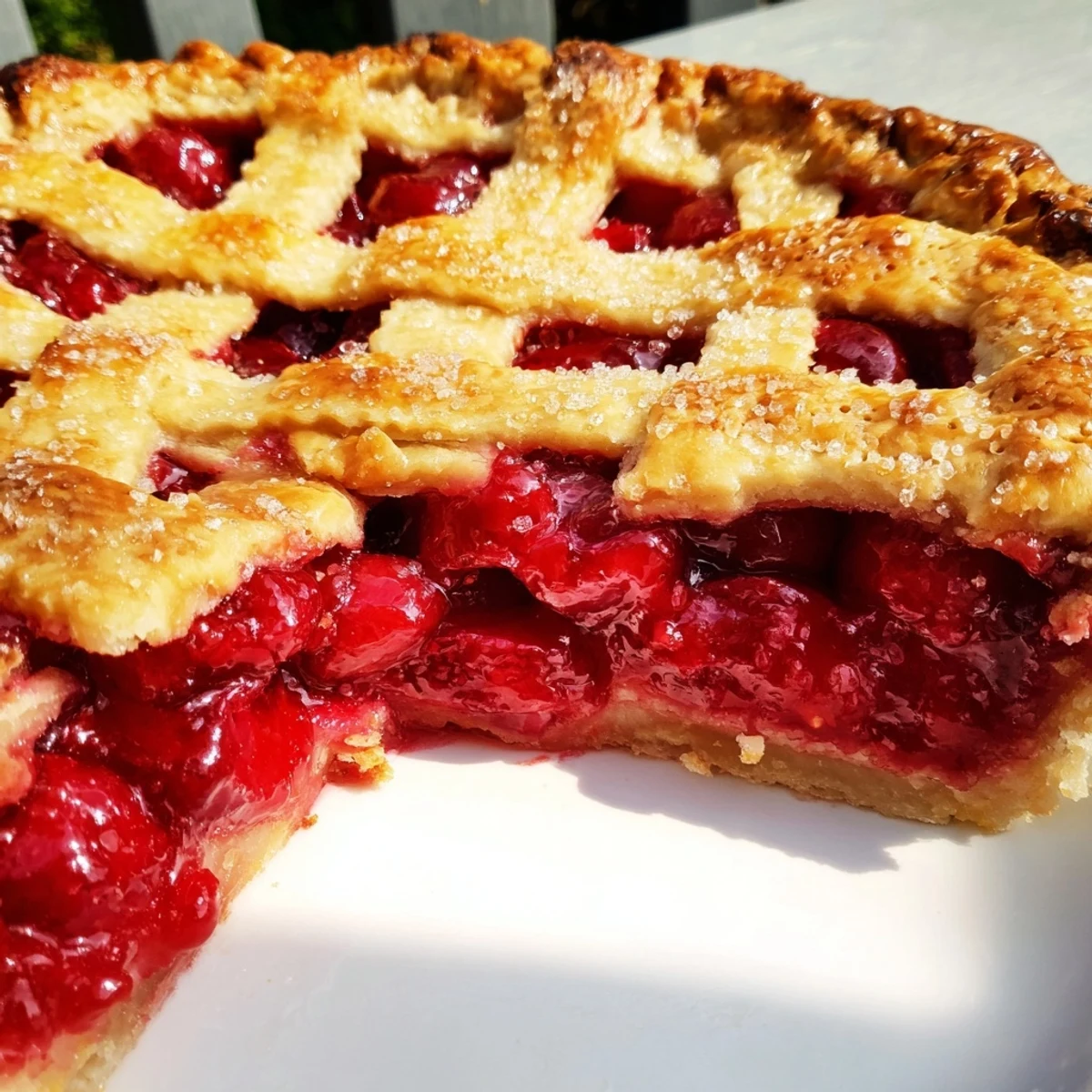Sliced Sweetheart Cherry Pie is served with a scoop of vanilla ice cream on a rustic plate.