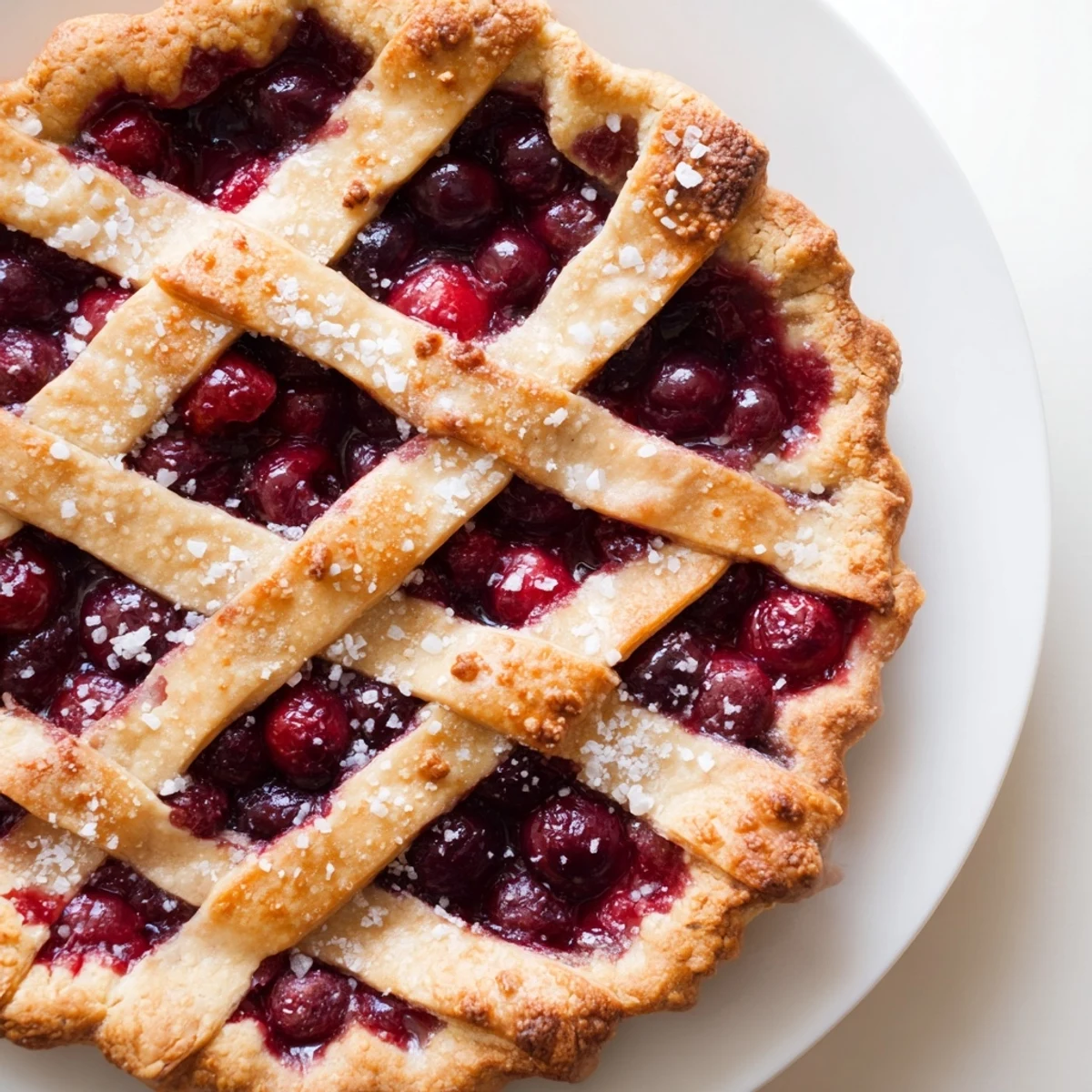 Freshly baked Sweetheart Cherry Pie with a golden lattice crust showcases bubbling, vibrant tart-sweet cherry filling.