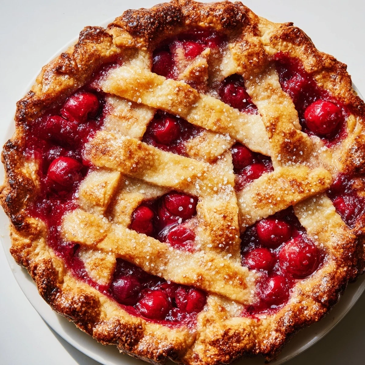Close-up of Sweetheart Cherry Pie reveals a buttery lattice top, heart decorations, and juicy red cherries.