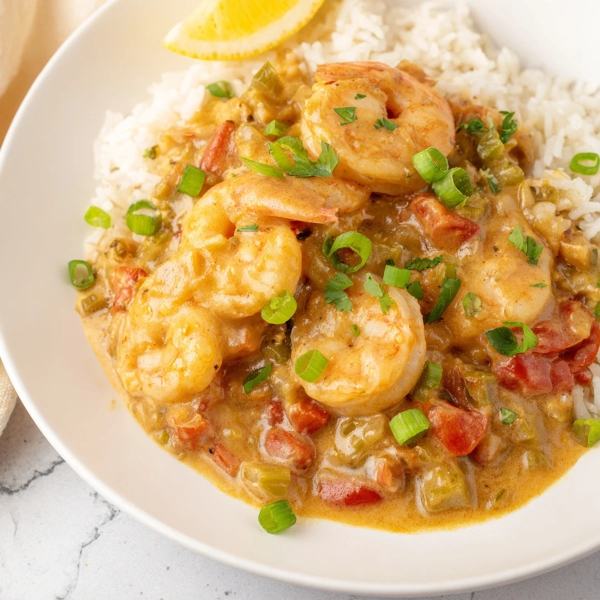 Succulent shrimp are folded into the thick, aromatic sauce, ready to be spooned over fluffy white rice.