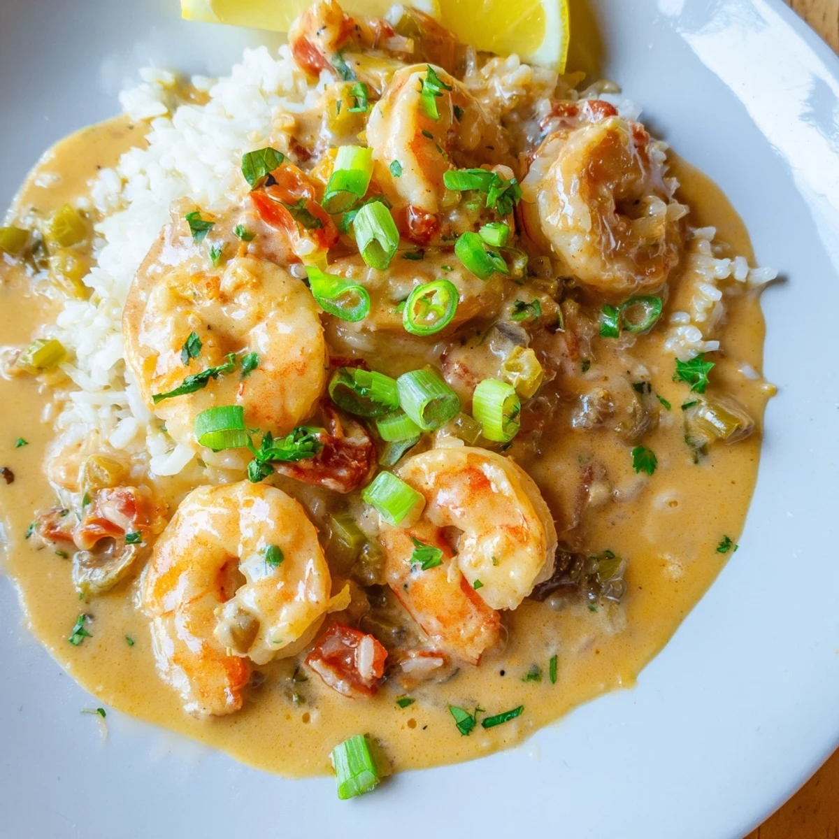 Finished Creole Shrimp Étouffée is served in a warm bowl, garnished with fresh parsley and lemon wedges.