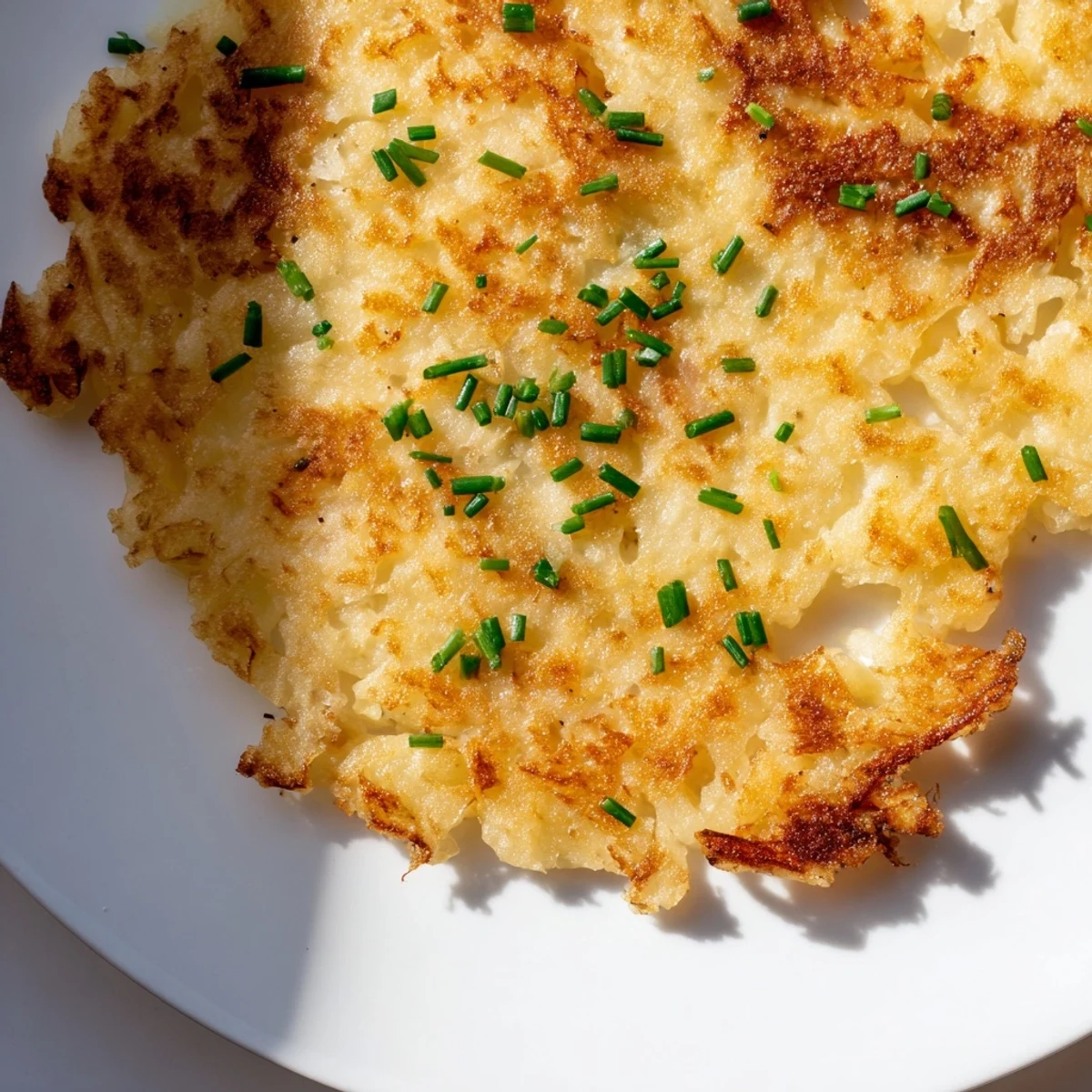 A stack of Irish Boxty Potato Pancakes, garnished with chives, sits beside sour cream and smoked salmon.