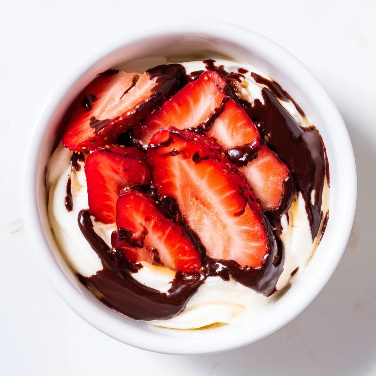 Healthy Chocolate Covered Strawberry Greek Yogurt dessert with creamy texture, sweet honeyed fruit, and a decadent chocolate topping.