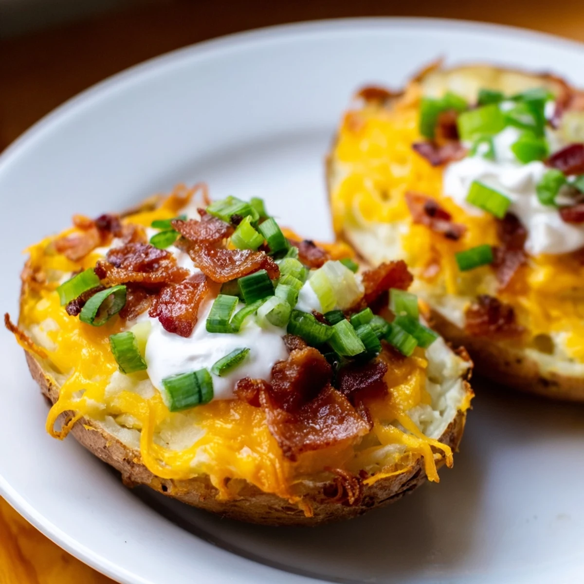 A close-up view of Game Day Loaded Potato Skins with Cheese topped with sour cream and fresh chives.