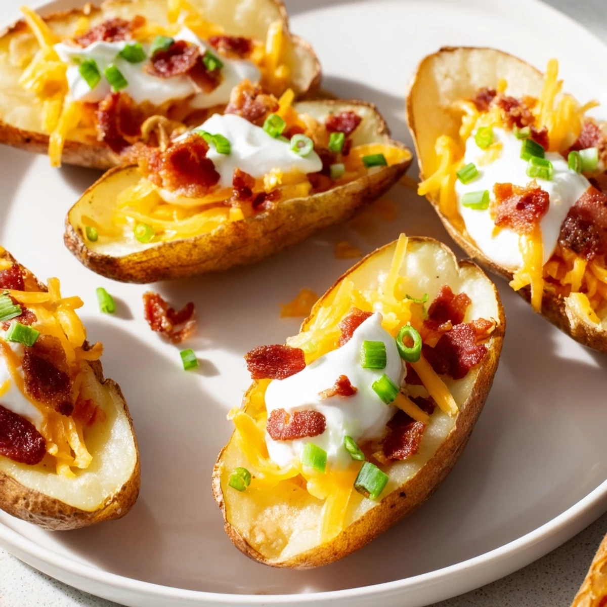 Golden-brown, crispy Game Day Loaded Potato Skins with Cheese bubbling with melted cheddar and bacon on a platter.