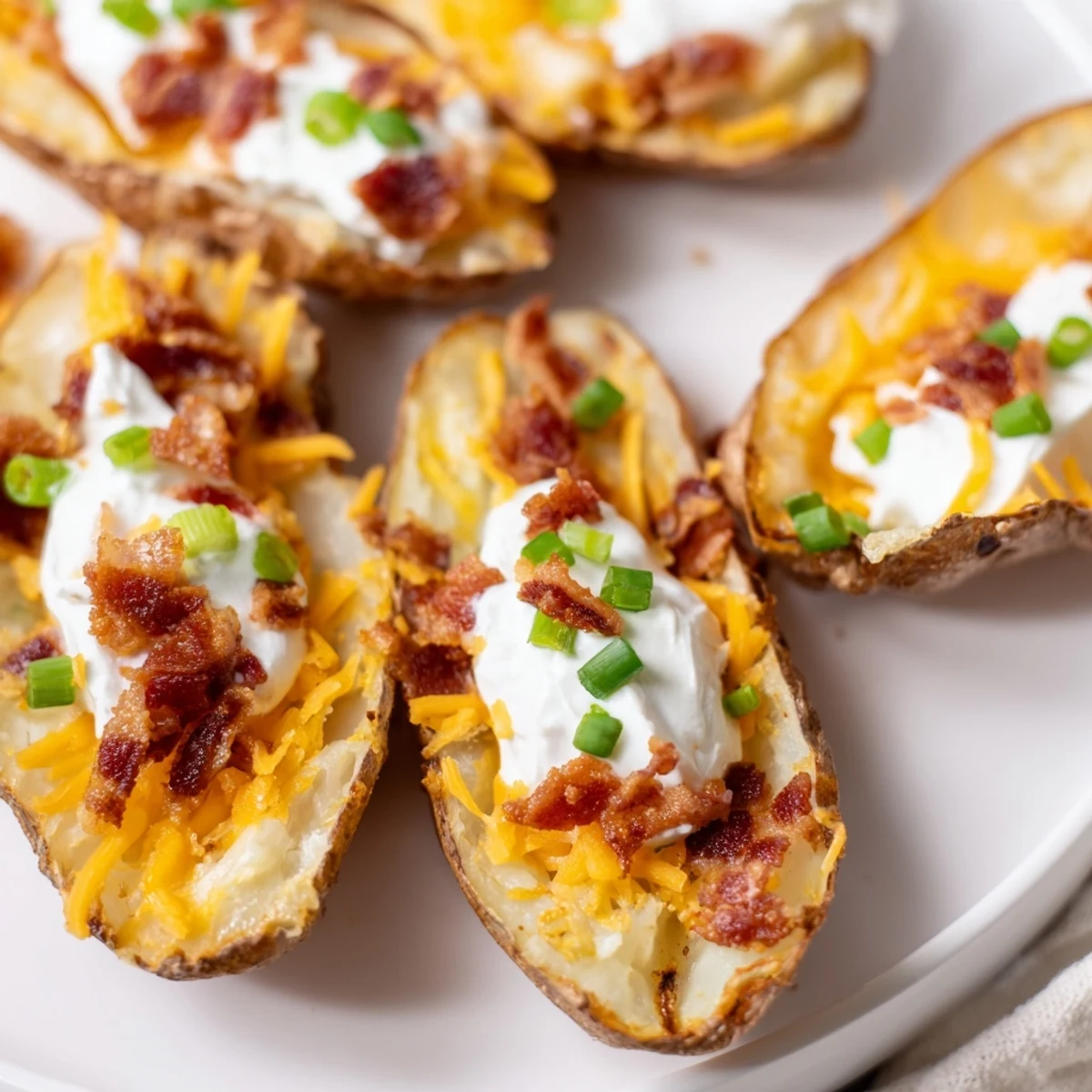 Freshly baked Game Day Loaded Potato Skins with Cheese served on a rustic board with a side of hot sauce.