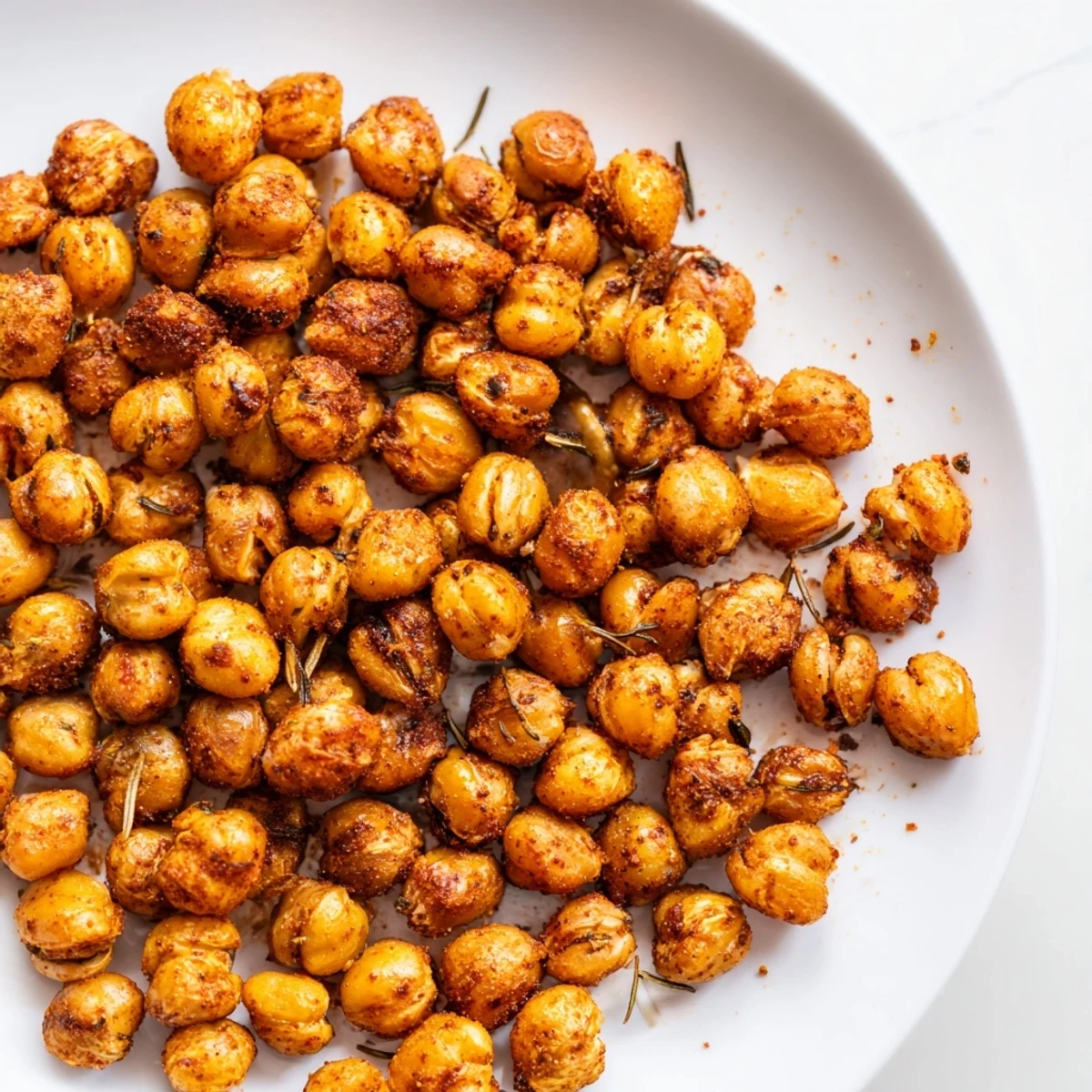 Golden-brown Cajun Spiced Roasted Chickpeas spill from a parchment-lined baking sheet, showing a crunchy texture and vibrant red spice coating.