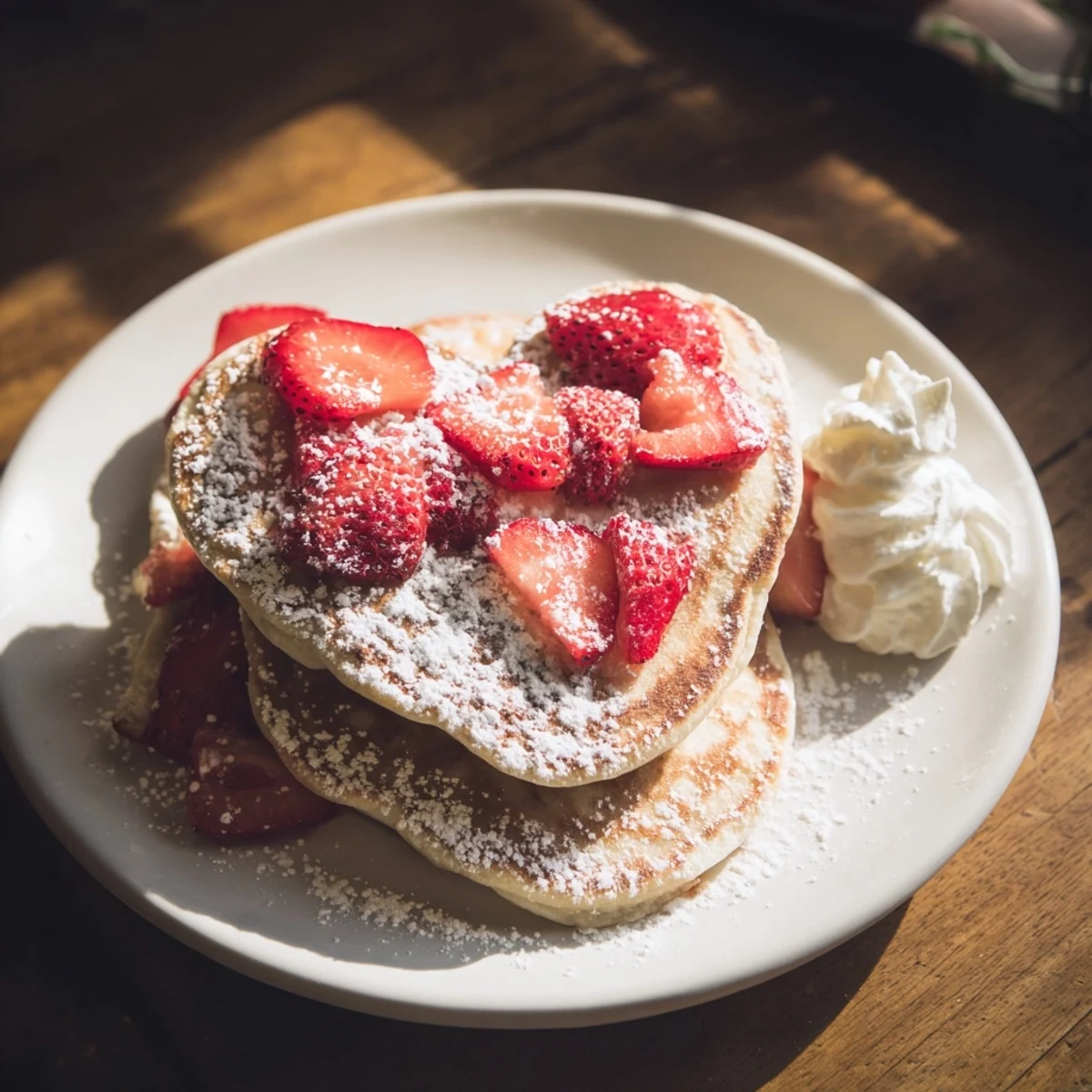 Freshly cooked Valentine Breakfast Pancakes with strawberries and whipped cream on a white plate.