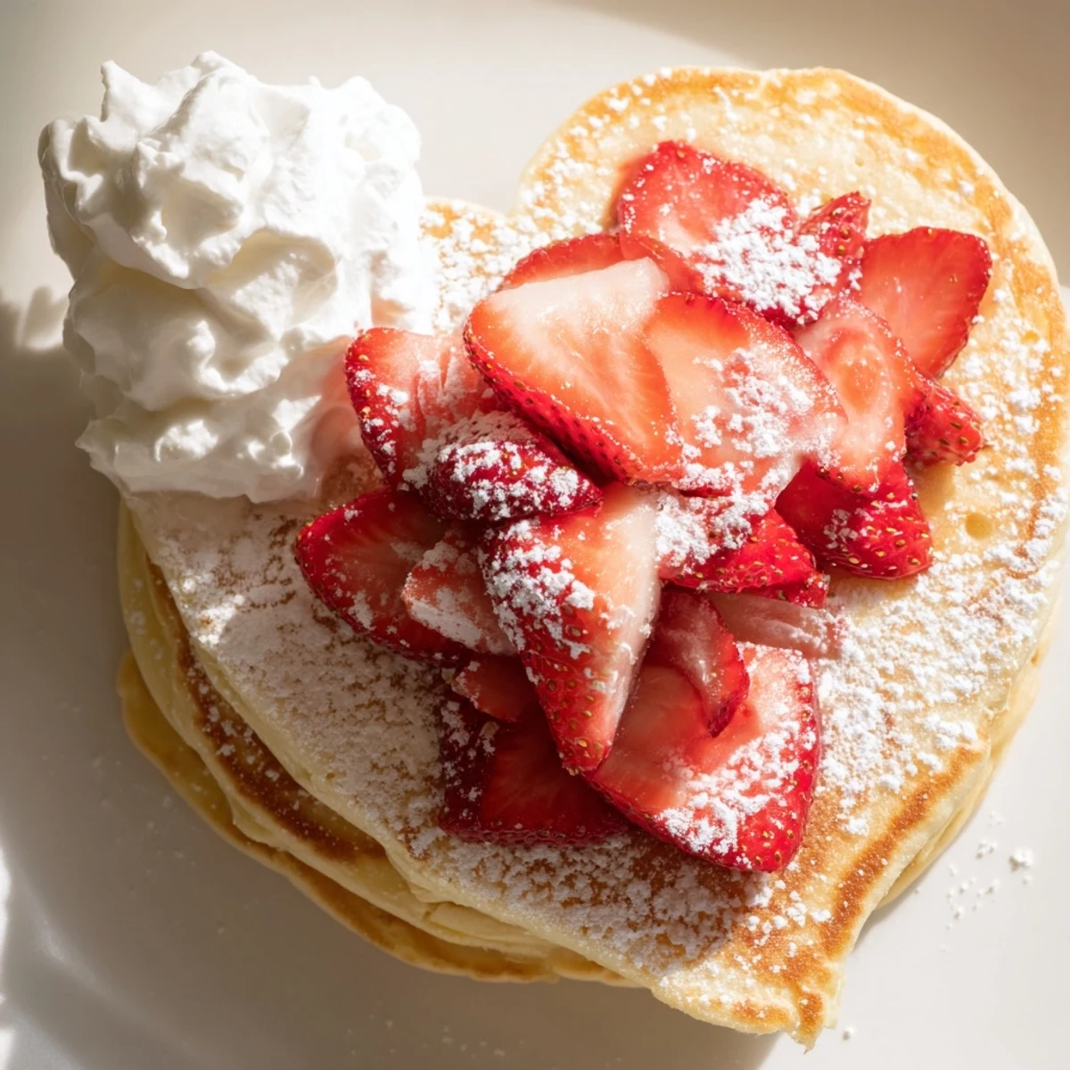A stack of fluffy Valentine Breakfast Pancakes topped with sliced strawberries and a dusting of powdered sugar.