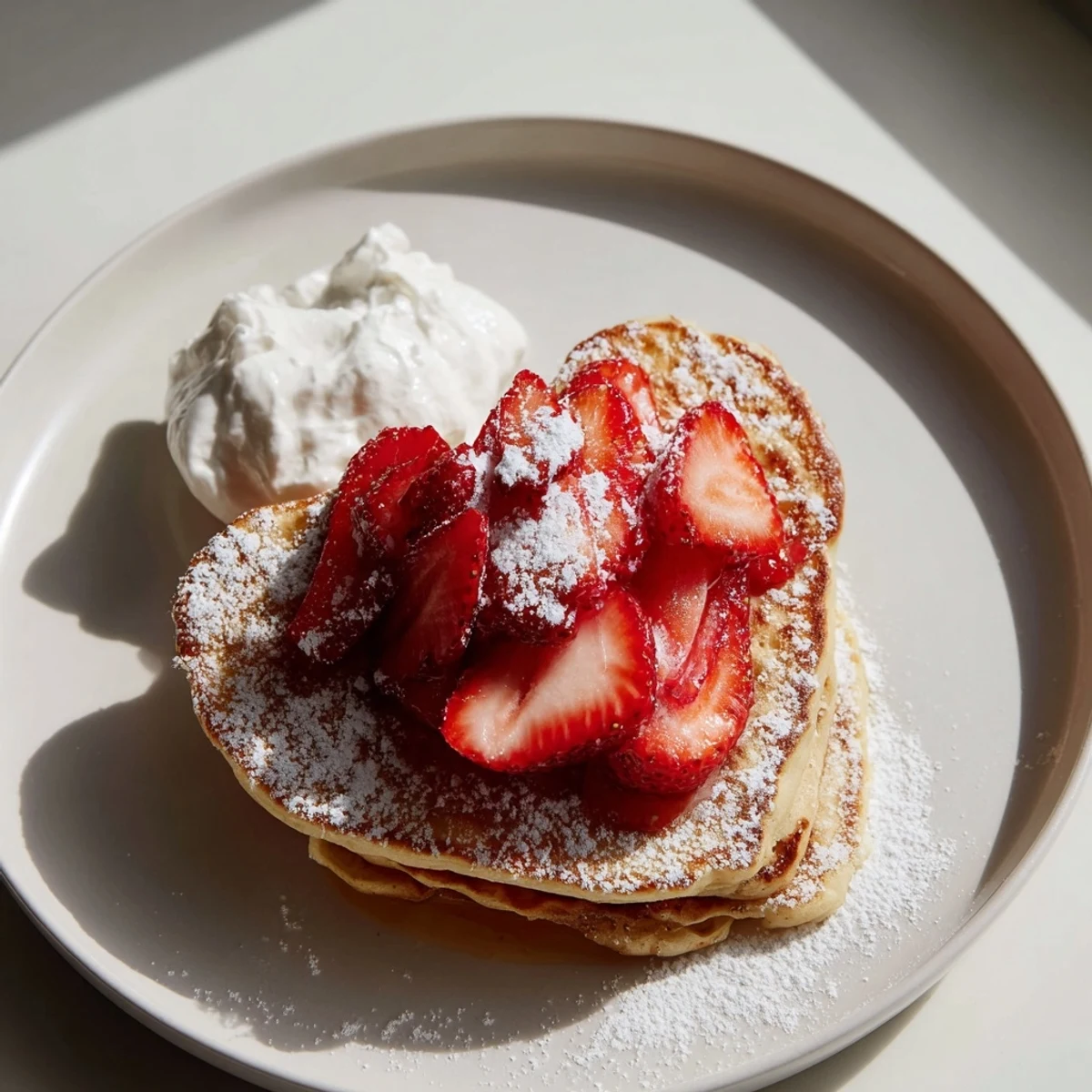 Close-up of heart-shaped Valentine Breakfast Pancakes with sweet strawberries and rich maple syrup drizzle.