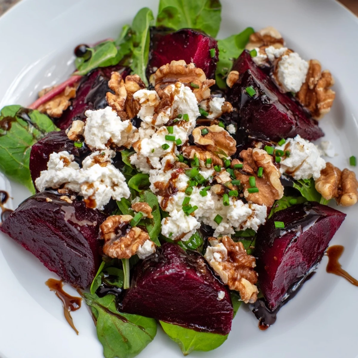 Colorful Roasted Beet and Goat Cheese Salad with Walnuts served on a platter, with toasted nuts and fresh parsley garnish for a light meal.