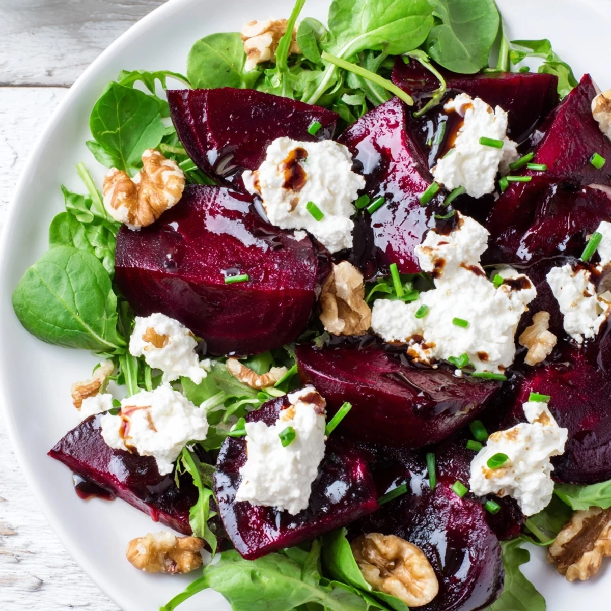 Plate of Roasted Beet and Goat Cheese Salad with Walnuts, featuring vibrant red beets, arugula, and creamy cheese crumbles in balsamic dressing.