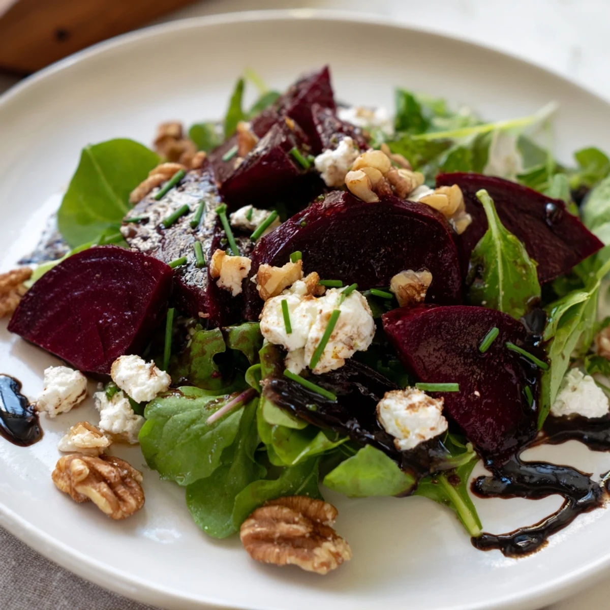 Close-up of a Roasted Beet and Goat Cheese Salad with Walnuts, showing glossy beet slices, crumbled goat cheese, and crunchy walnuts on greens.
