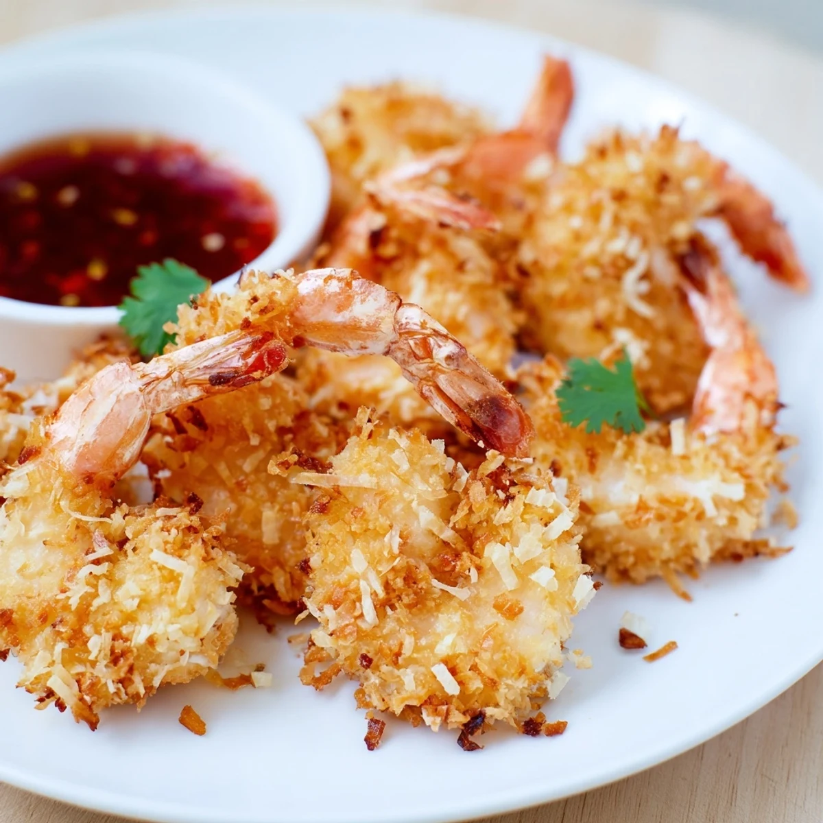 A hand dipping a Crispy Coconut Shrimp with Sweet Chili Sauce into tangy orange sauce over a rustic table.