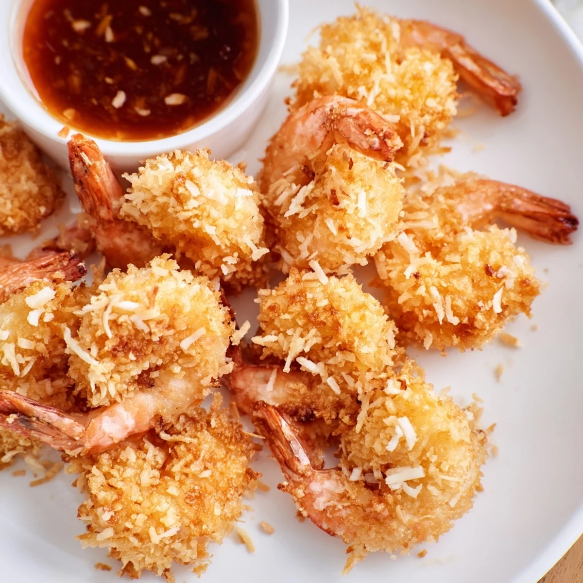 Freshly fried Crispy Coconut Shrimp with Sweet Chili Sauce garnished with cilantro, ready to serve at a party.