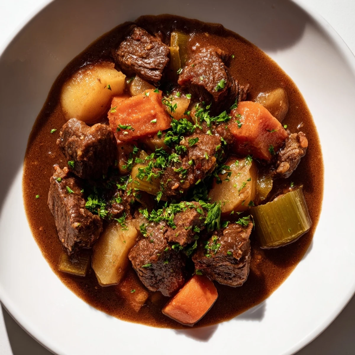 A hearty bowl of Guinness-Style Alcohol-Free Beef Stew, featuring tender beef chunks and root vegetables in a rich, dark broth, served hot.