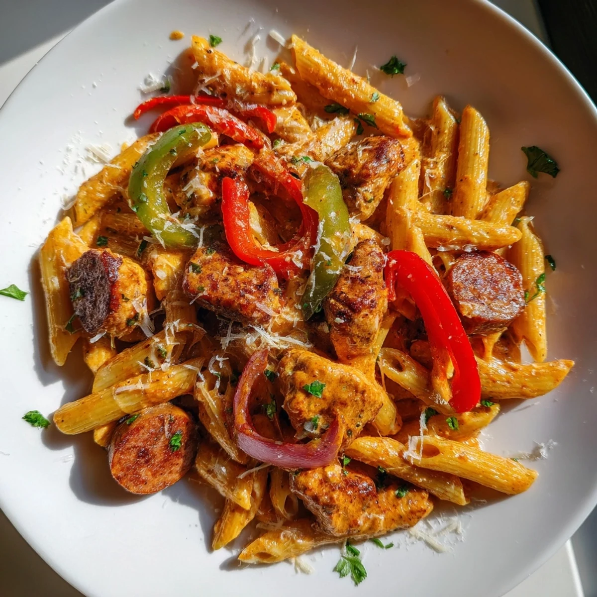 A vibrant bowl of Spicy Jambalaya Pasta with Chicken, featuring tender meat, smoky sausage, and bell peppers in a rich, creamy Cajun sauce.