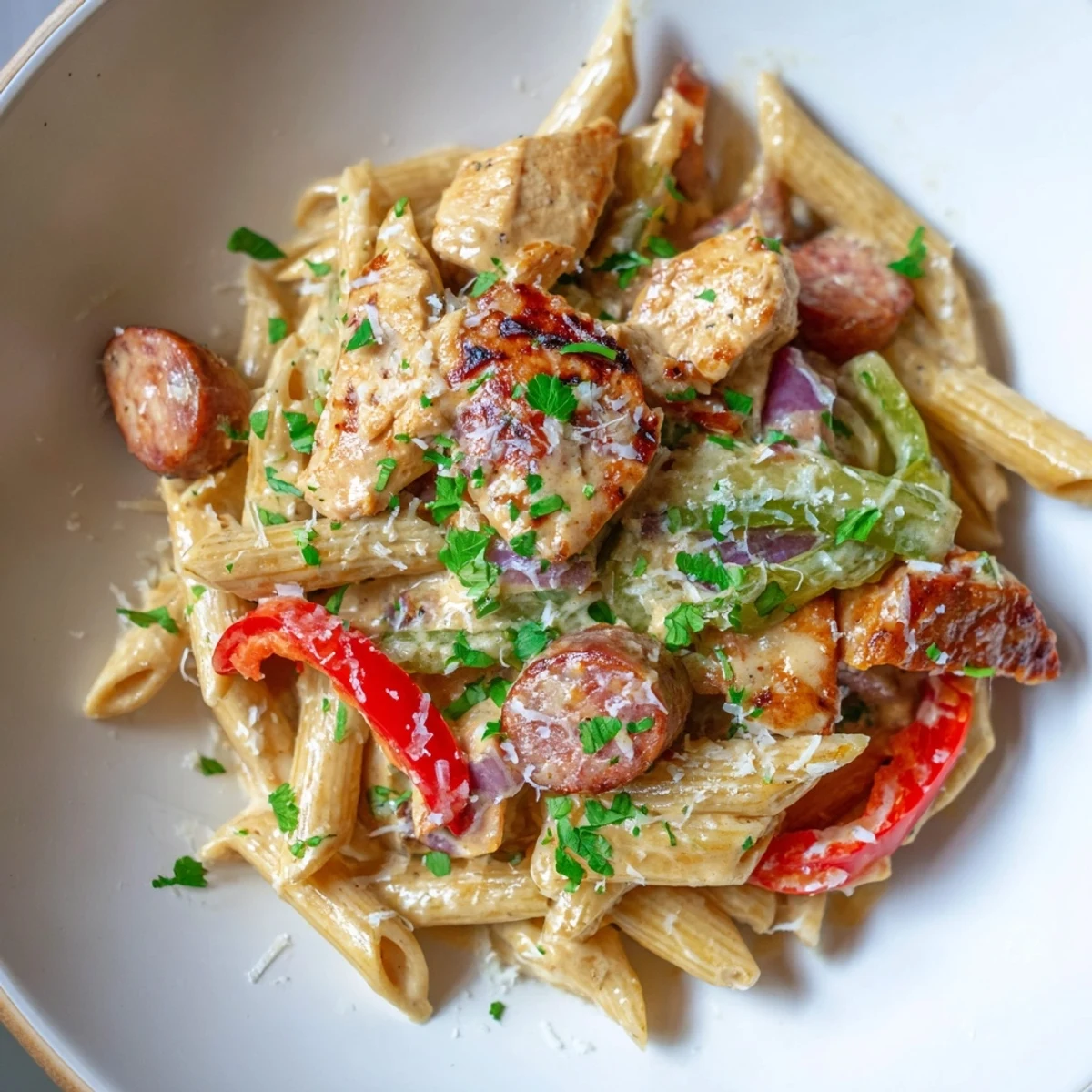 Savory Spicy Jambalaya Pasta with Chicken tossed with al dente penne, topped with fresh parsley and a generous sprinkle of Parmesan cheese.