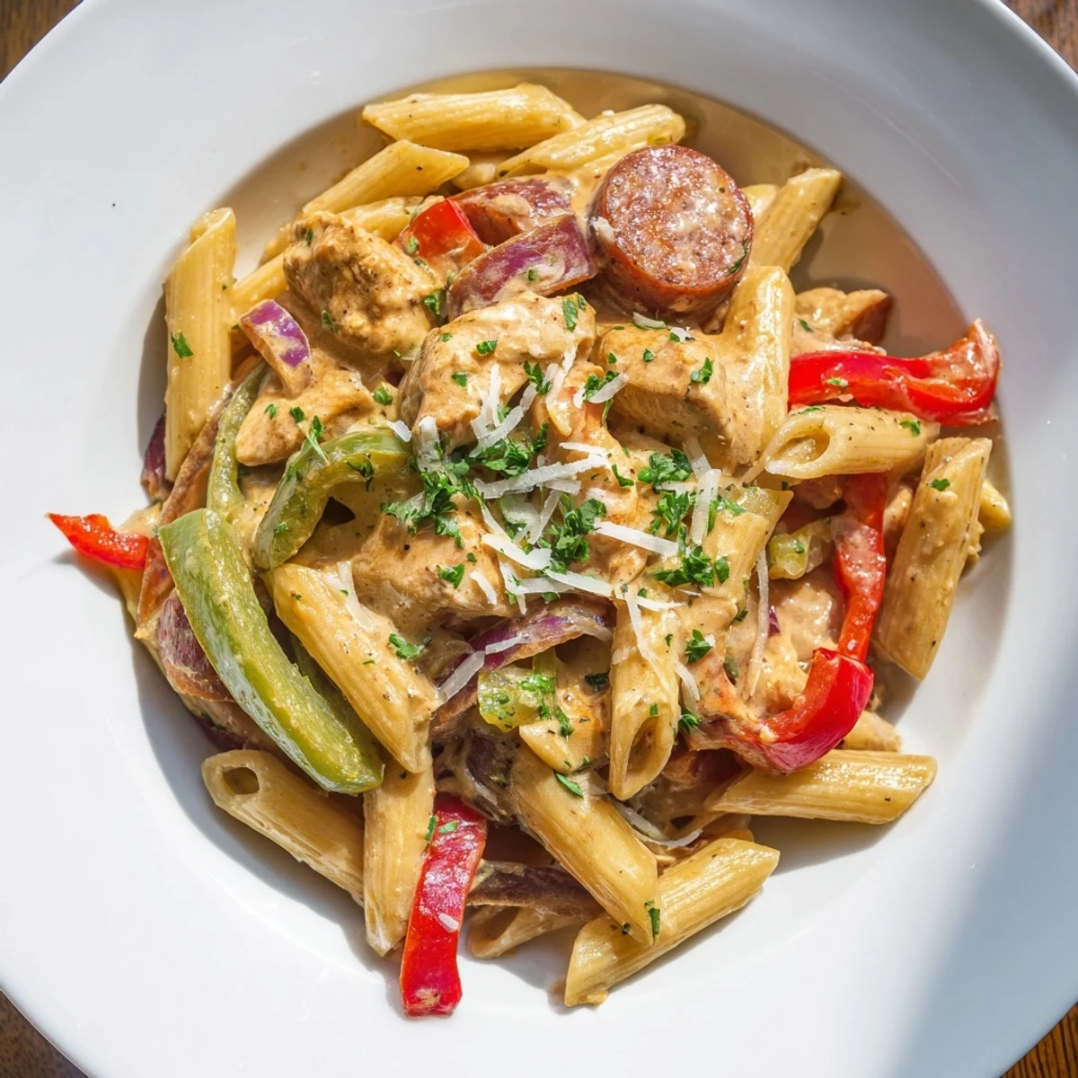 Close-up on steaming Spicy Jambalaya Pasta with Chicken, revealing colorful vegetables and glossy sauce in a skillet, ready for a family dinner.