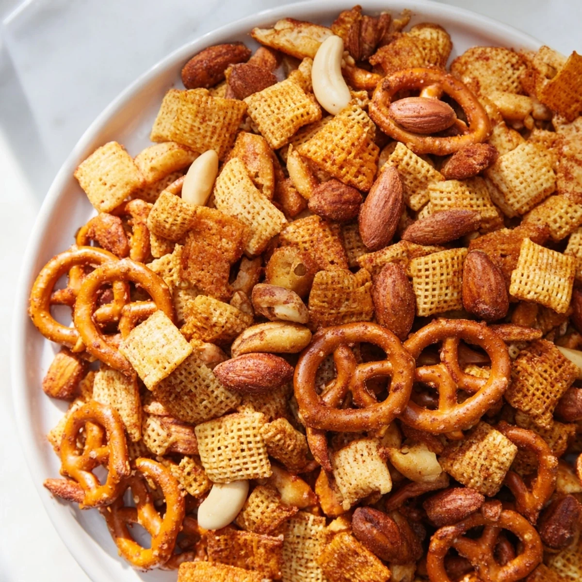 Golden Super Bowl Snack Mix with Nuts and Pretzels bakes on a parchment-lined sheet, releasing a savory aroma. 