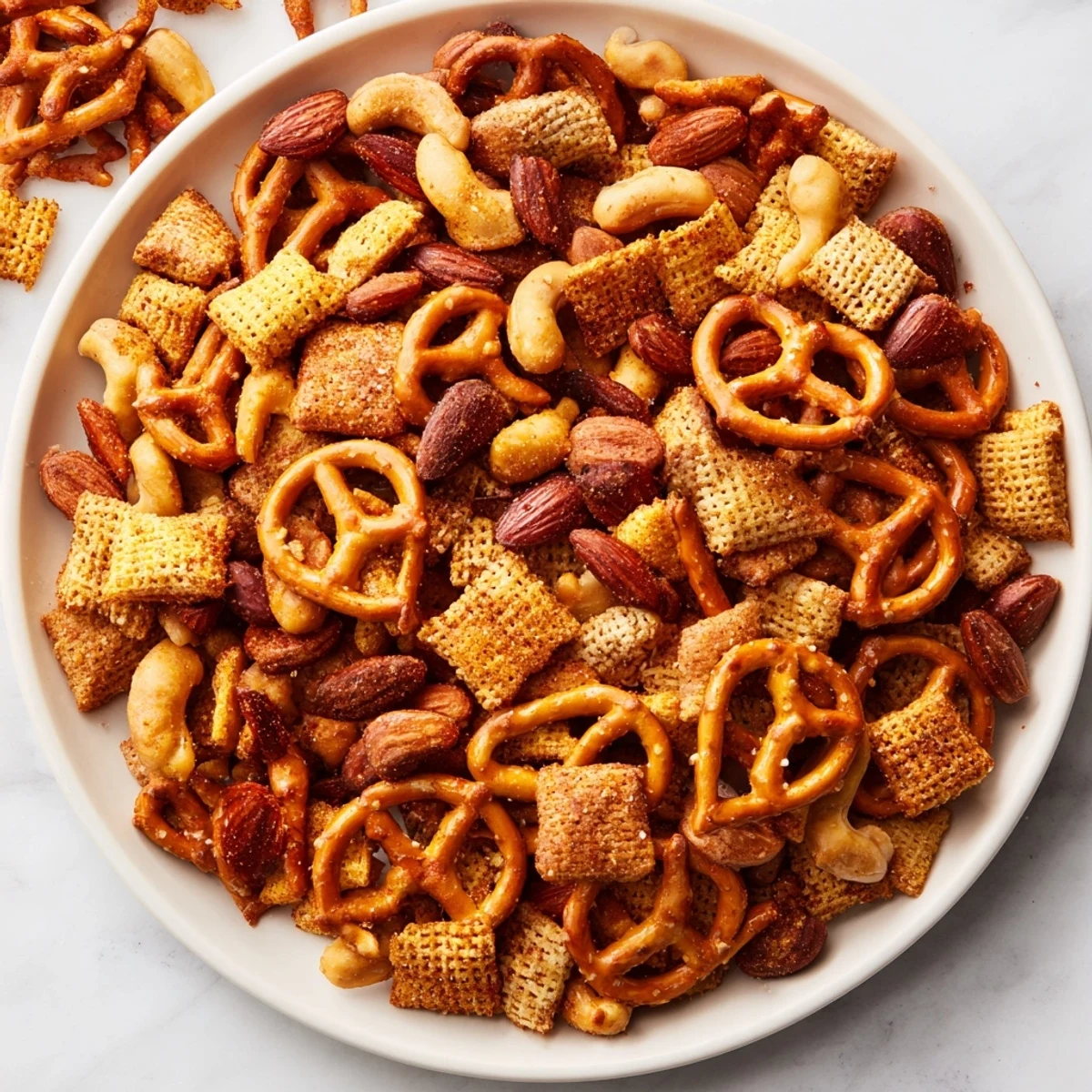 Dark background showcases crispy Super Bowl Snack Mix with Nuts and Pretzels and a frosty beer for snacking.