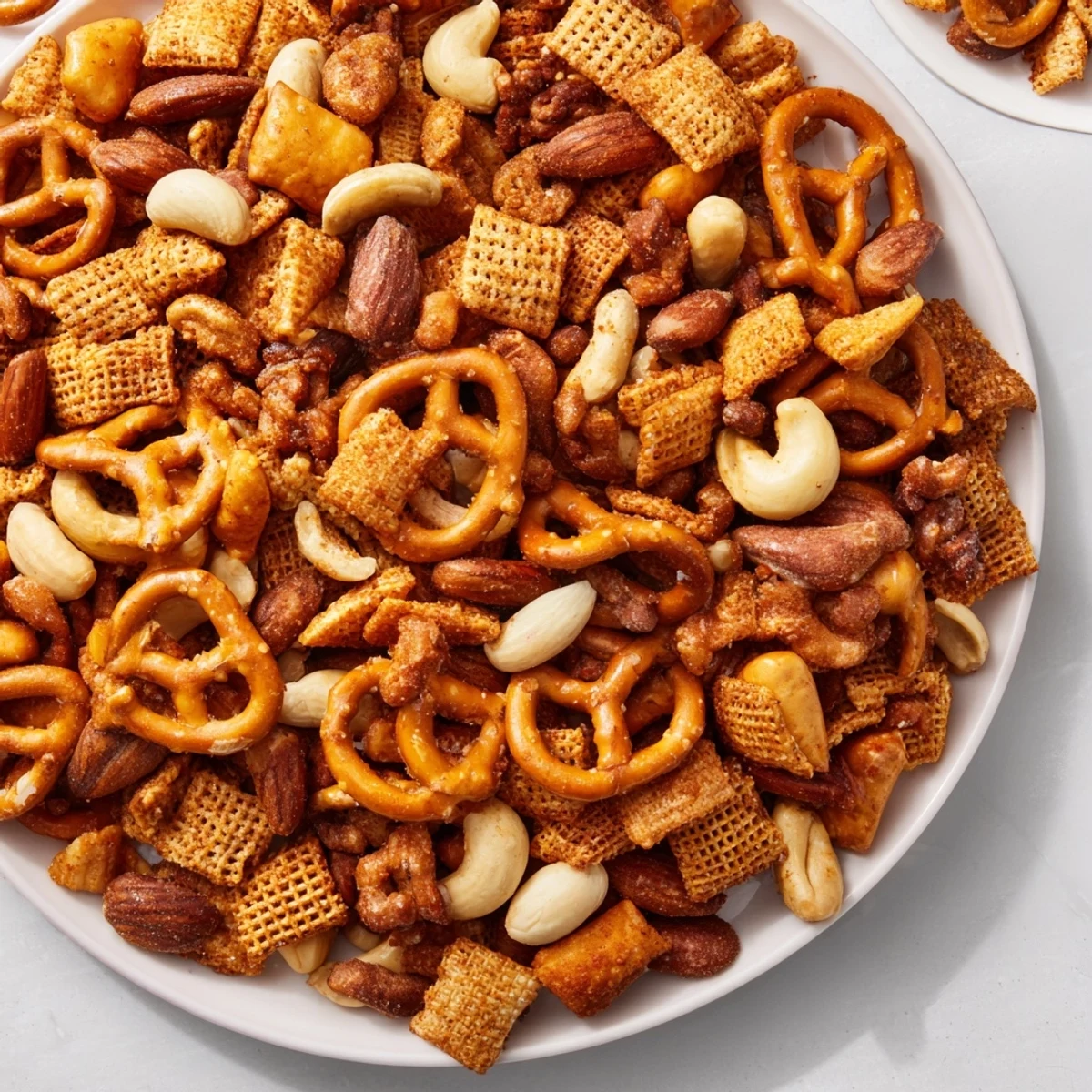 Heaping bowl of crunchy Super Bowl Snack Mix with Nuts and Pretzels, garnished with fresh parsley for game day. 