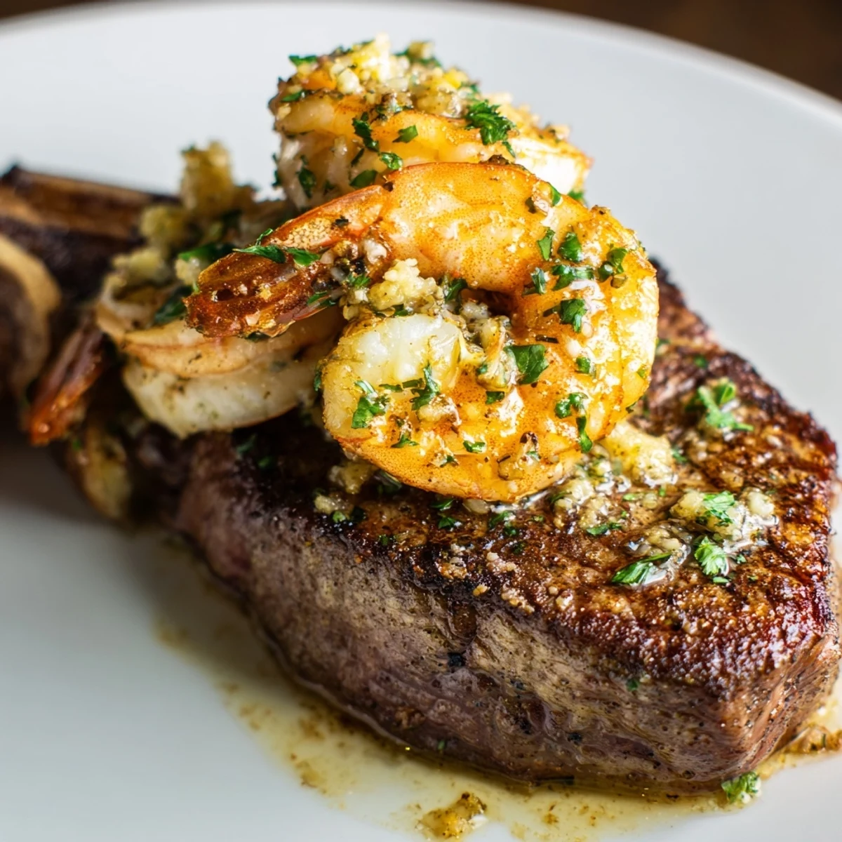 Perfectly seared Romantic Surf and Turf Steak and Shrimp with garlic butter, garnished with fresh parsley and lemon wedges.