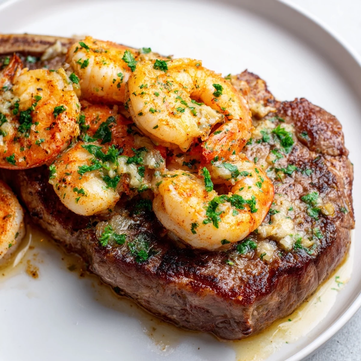 Tender filet mignon topped with succulent garlic butter shrimp, served alongside roasted asparagus on a rustic white plate.