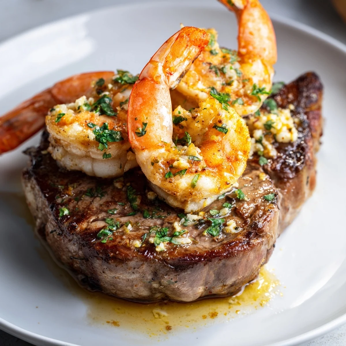 Sizzling Romantic Surf and Turf Steak and Shrimp plated elegantly with herb butter, ideal for a special dinner date.