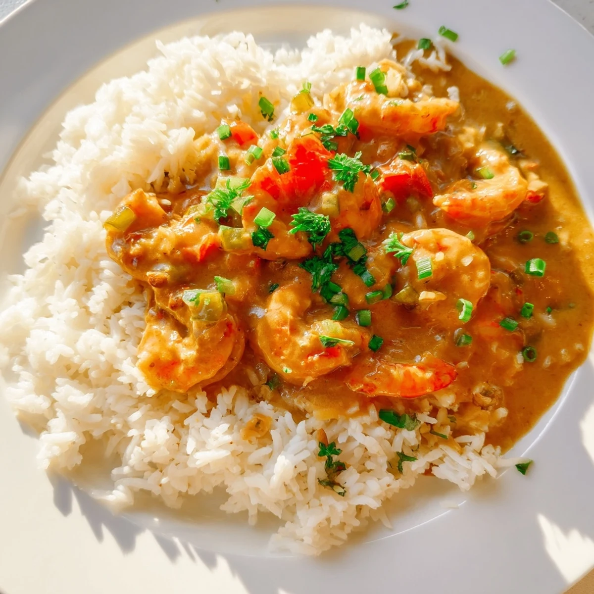 A classic Louisiana Creole dish, Crawfish Étouffée with fluffy steamed rice is served steaming hot with fresh parsley and green onion garnish.  