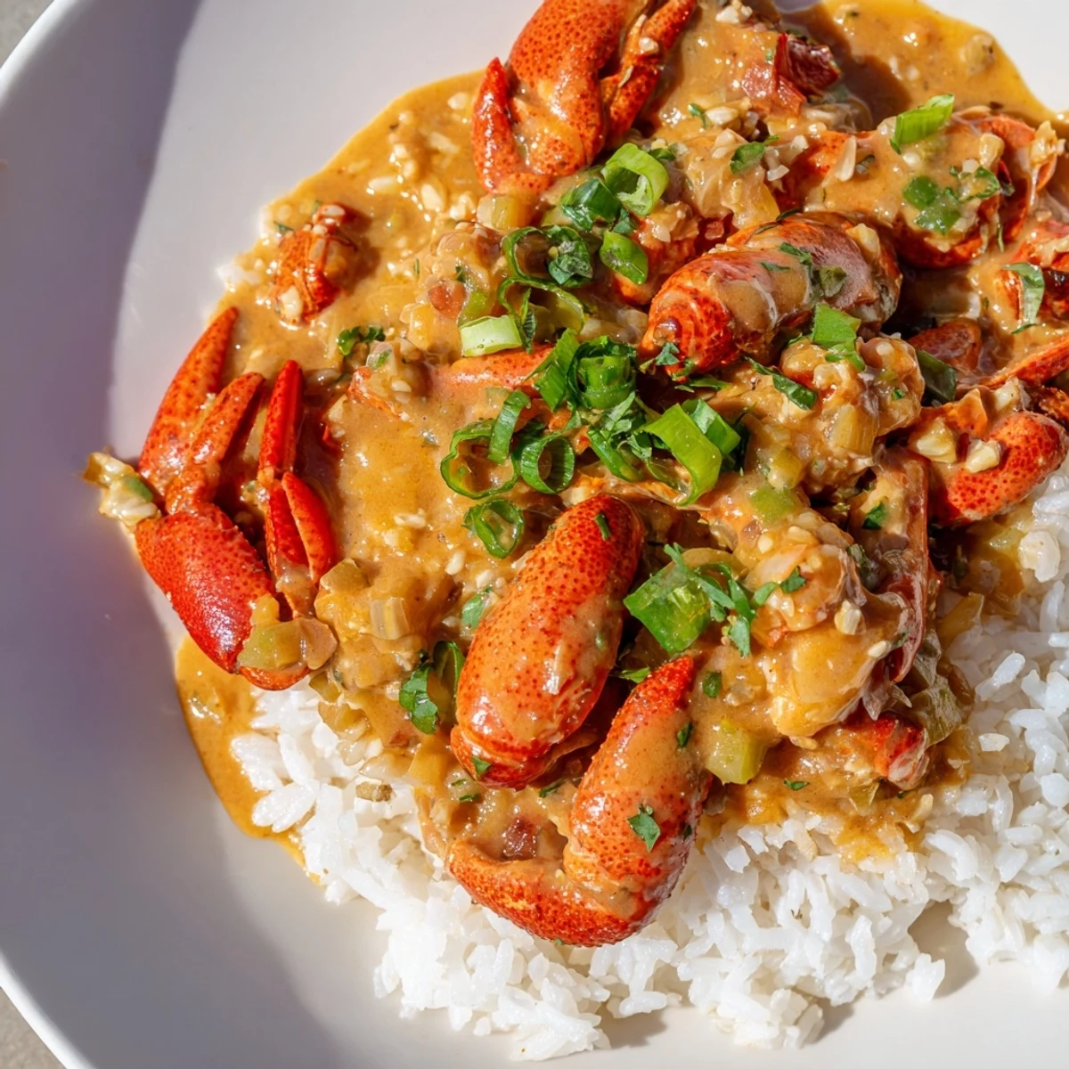 A rustic bowl of Crawfish Étouffée with steamed rice, featuring tender crawfish tails simmering in a rich, tomato-based roux sauce.  