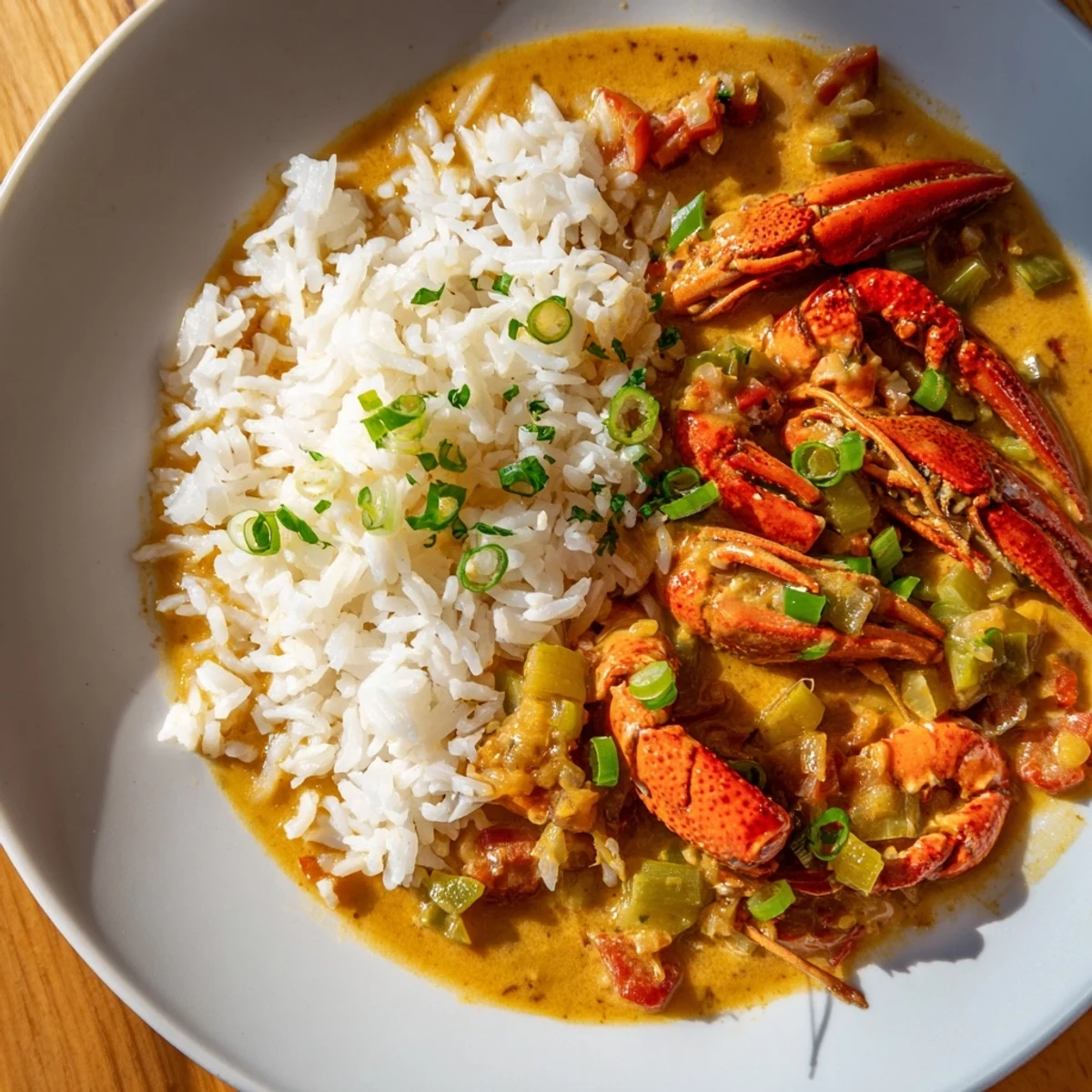 Spicy Crawfish Étouffée served over fluffy white rice, featuring tender shellfish in a rich roux sauce with fresh herbs.