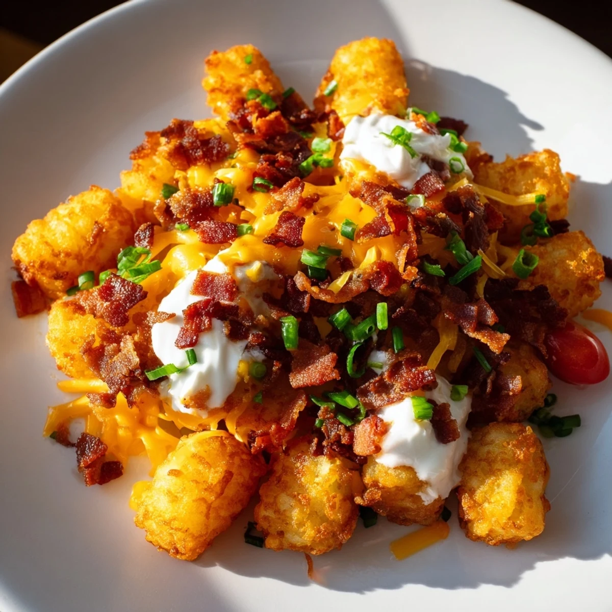 Golden crispy Loaded Tater Tots with Cheese and Beef Bacon topped with melted cheddar and fresh chives.