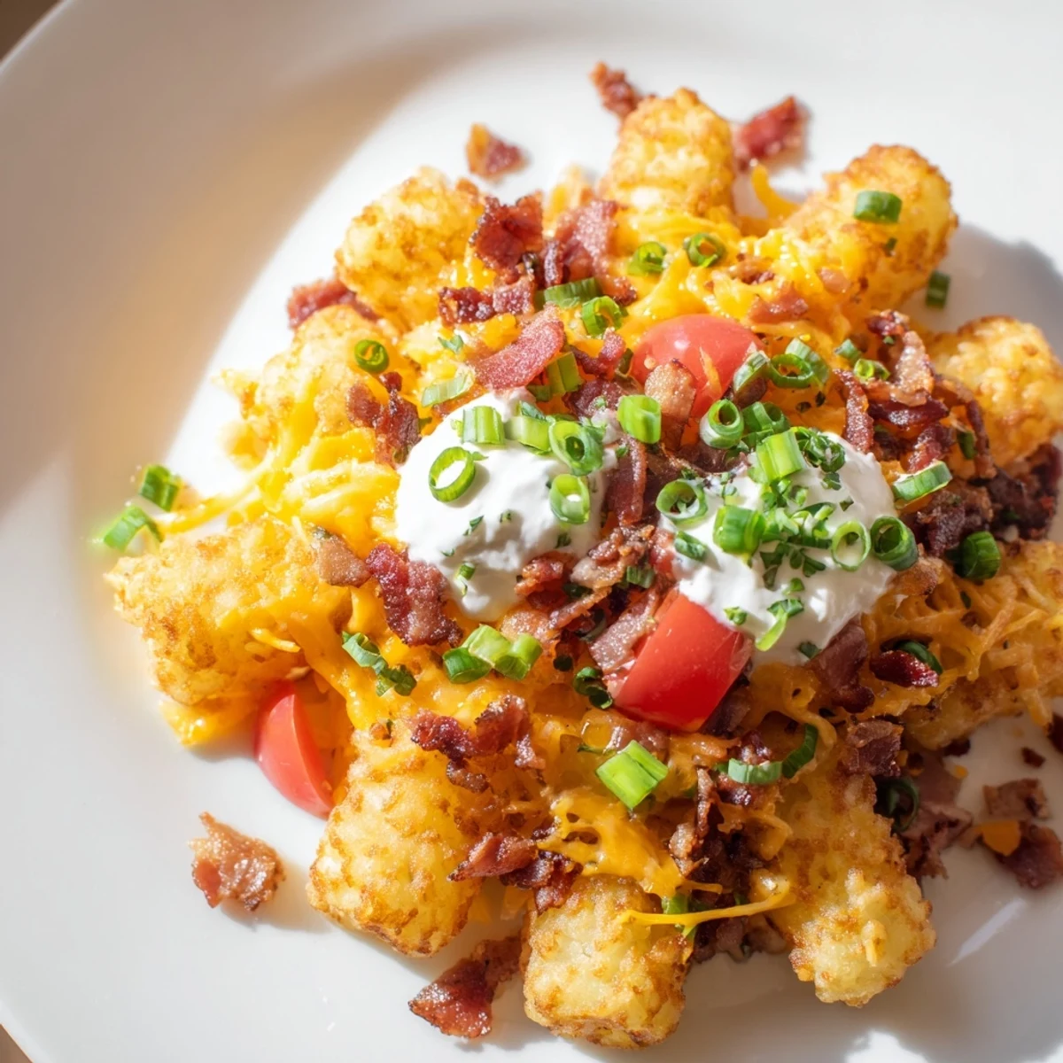 A close-up of Loaded Tater Tots with Cheese and Beef Bacon served with sour cream dollops.