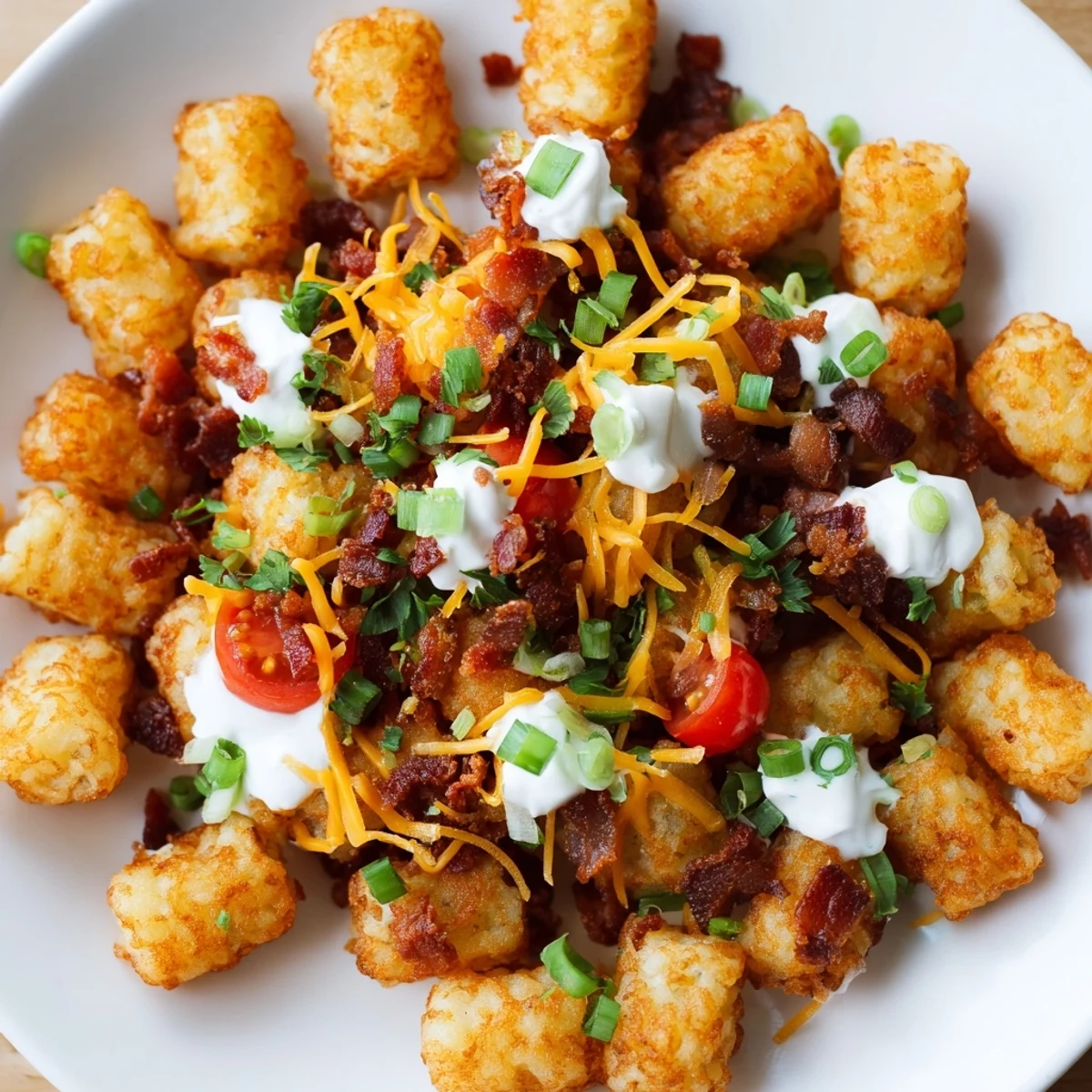 A generous platter of Loaded Tater Tots with Cheese and Beef Bacon, a perfect party appetizer.