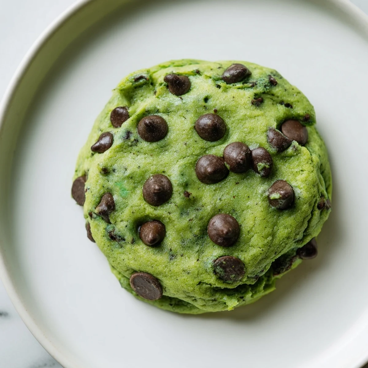 A close-up view of freshly baked Mint Chocolate Chip Cookies, their soft green hue and melted chocolate chips visible on a cooling rack.